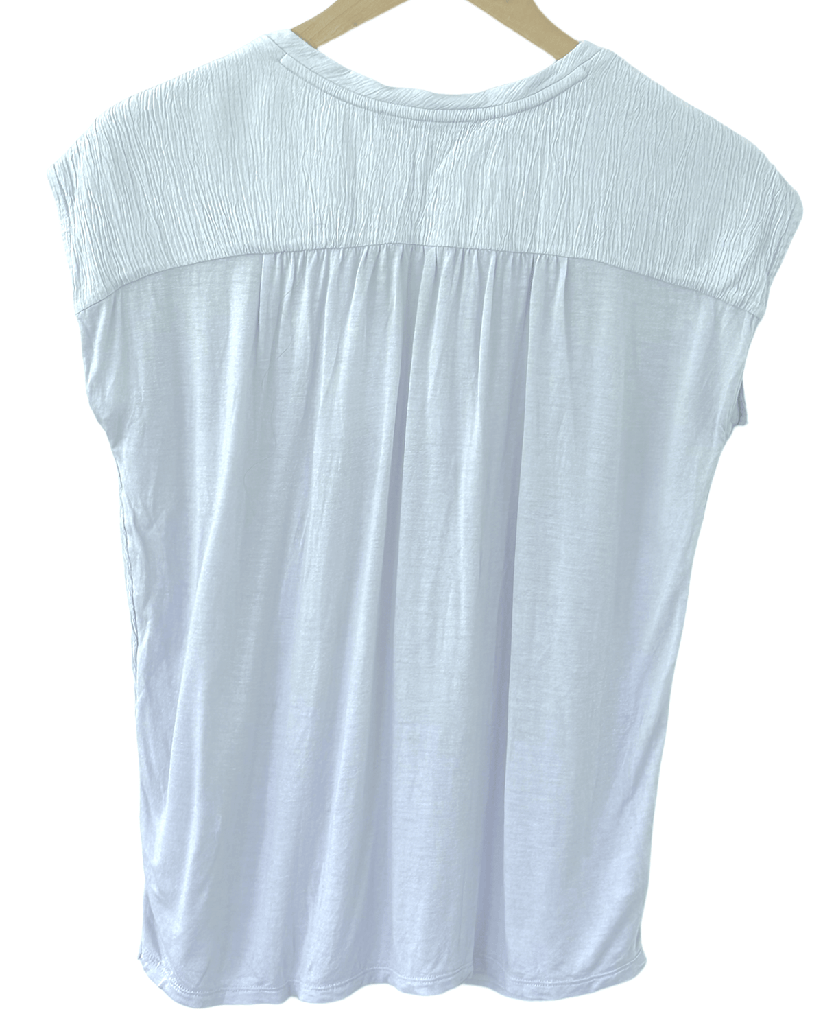 Soft Summer LOFT mist blue mixed media split neck sleeveless top