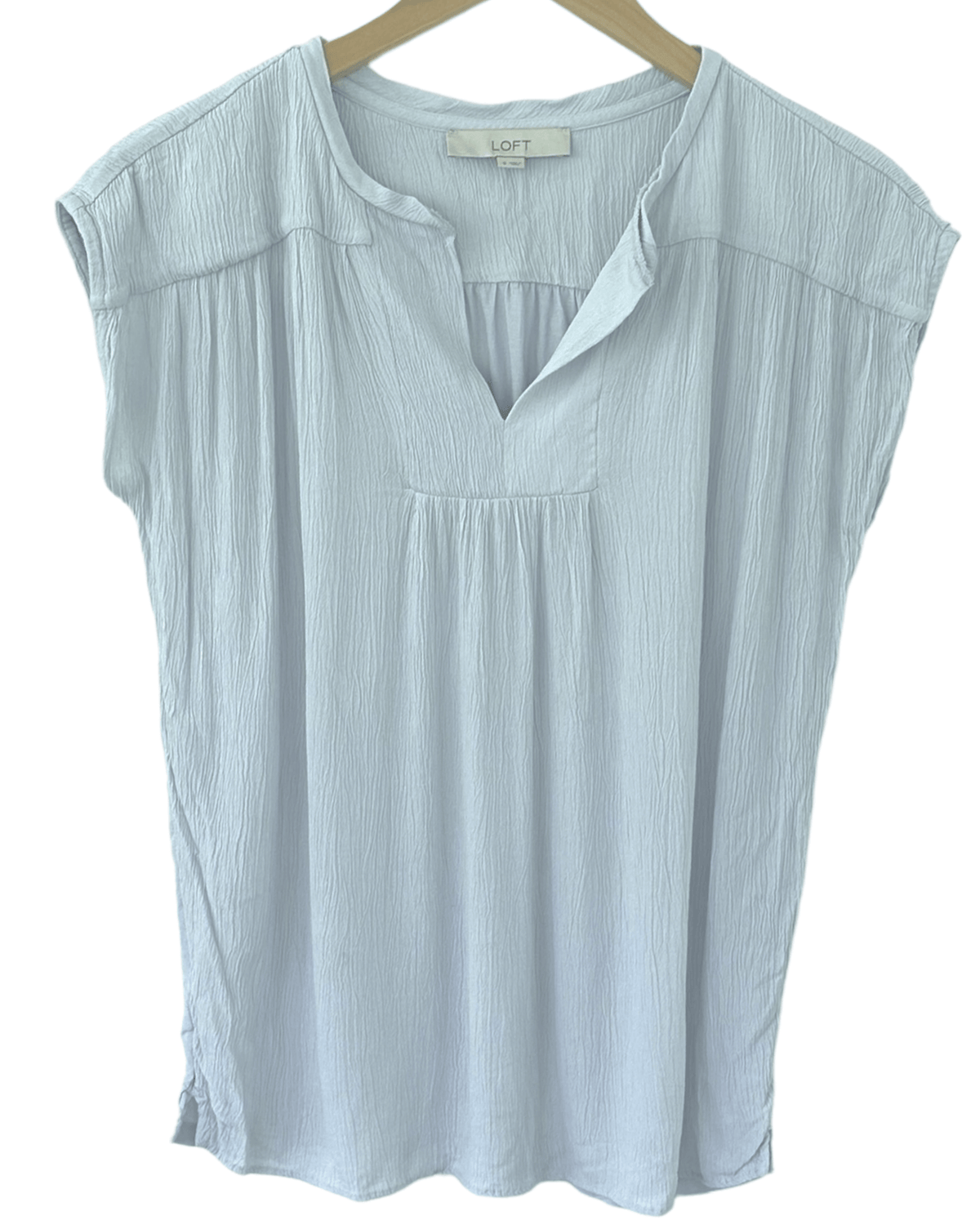 Soft Summer LOFT mist blue mixed media split neck top