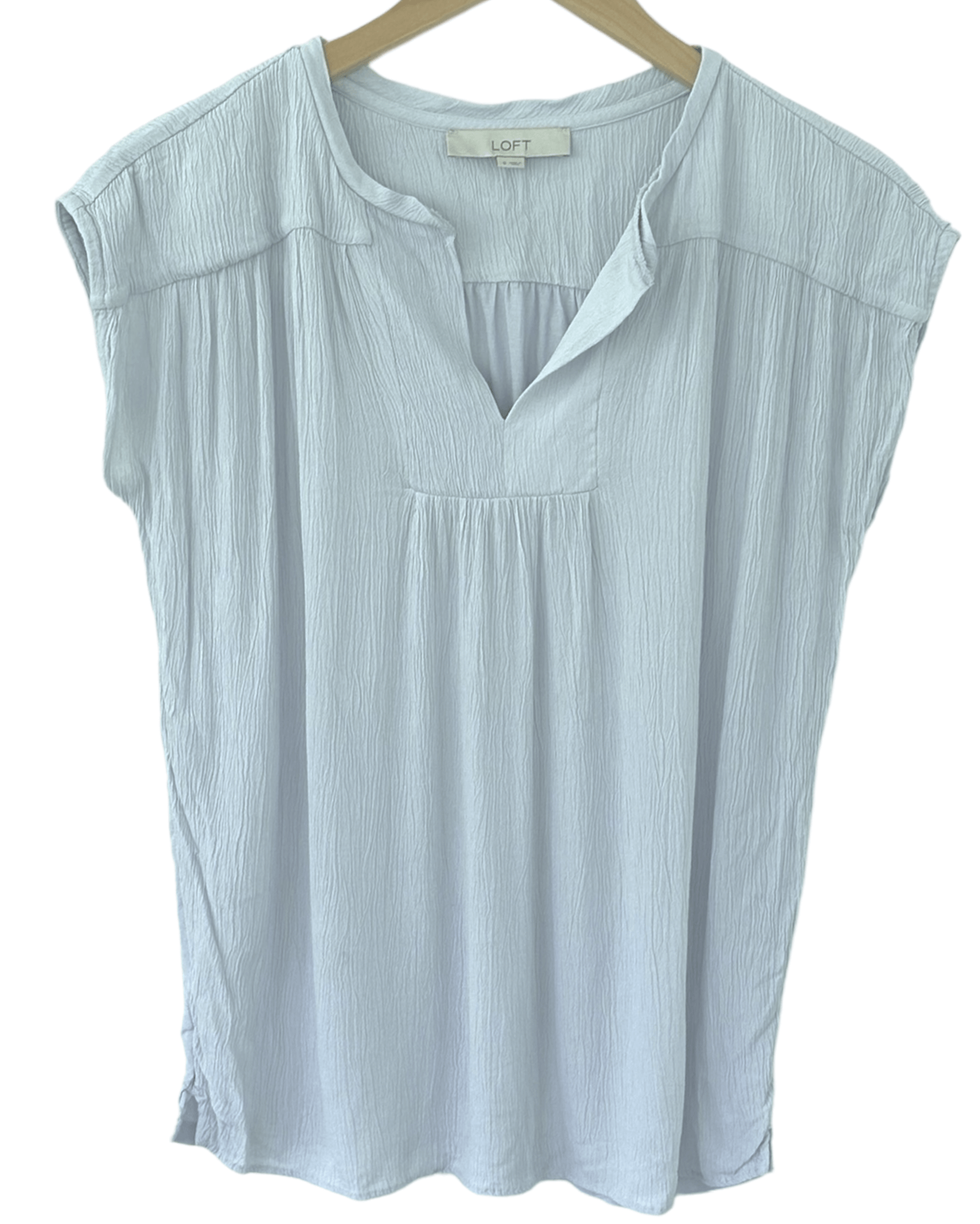 Soft Summer LOFT mist blue mixed media split neck top