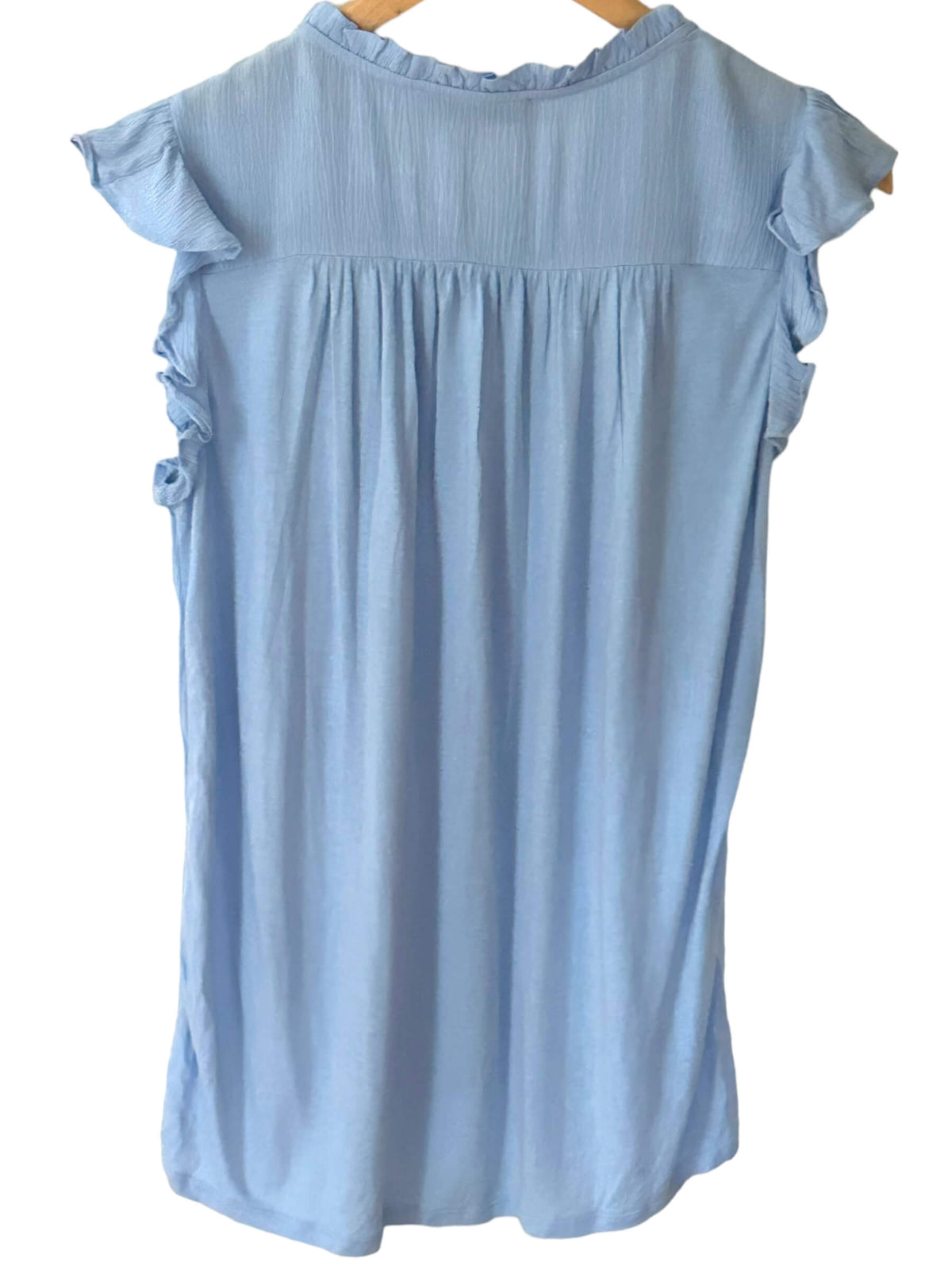 Soft Summer Breezy Blue Sleeveless Ruffle Button Blouse
