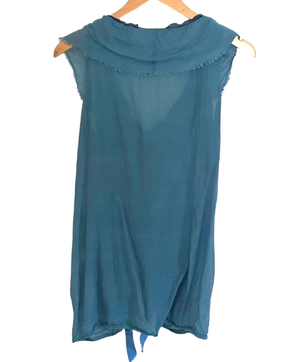 Soft Summer NEESH by DAR ANTHROPOLOGIE sleeveless blue raw edge tie-front top