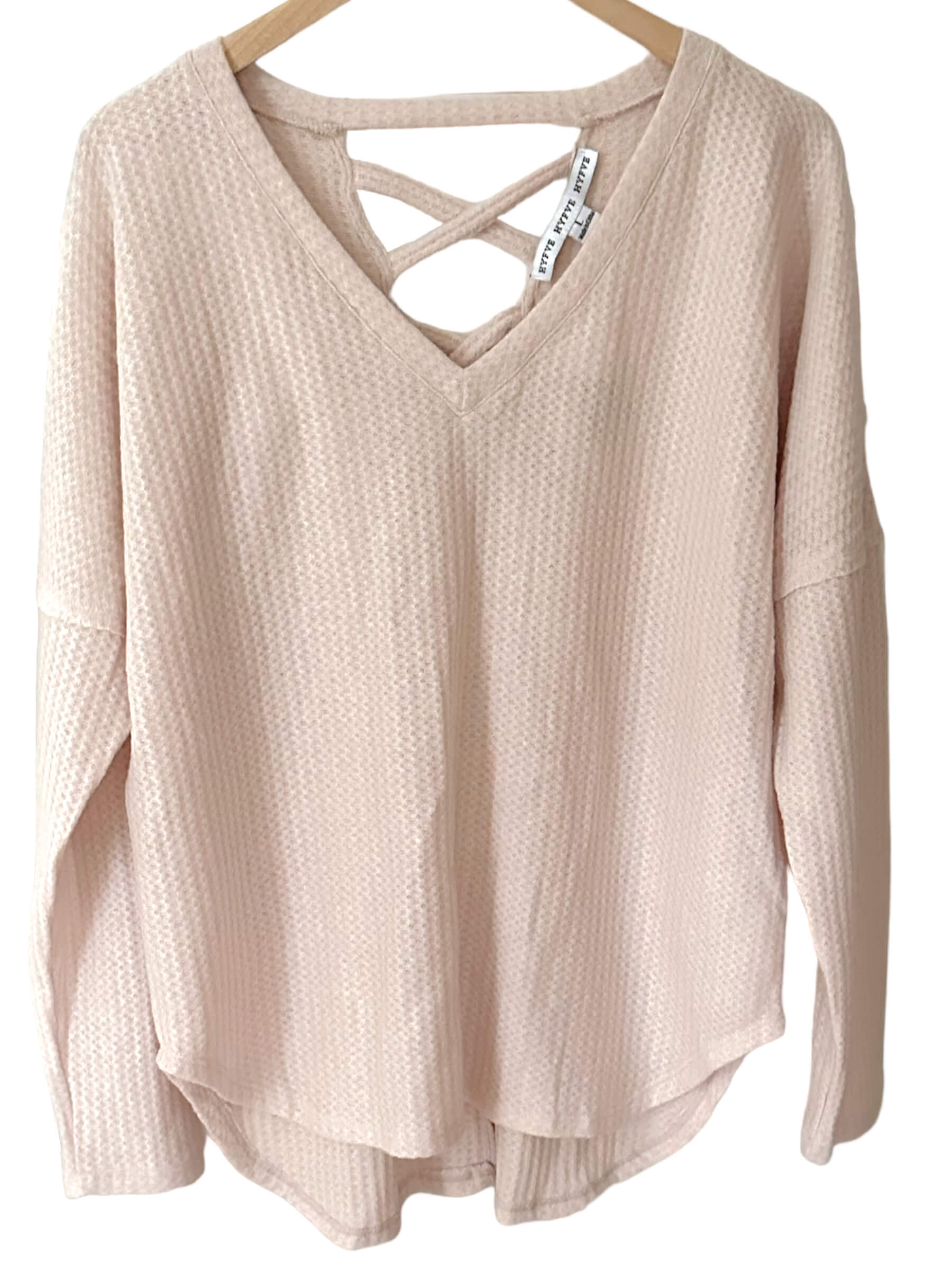 Soft Summer HYFVE peach blush waffle knit lattice back sweatshirt