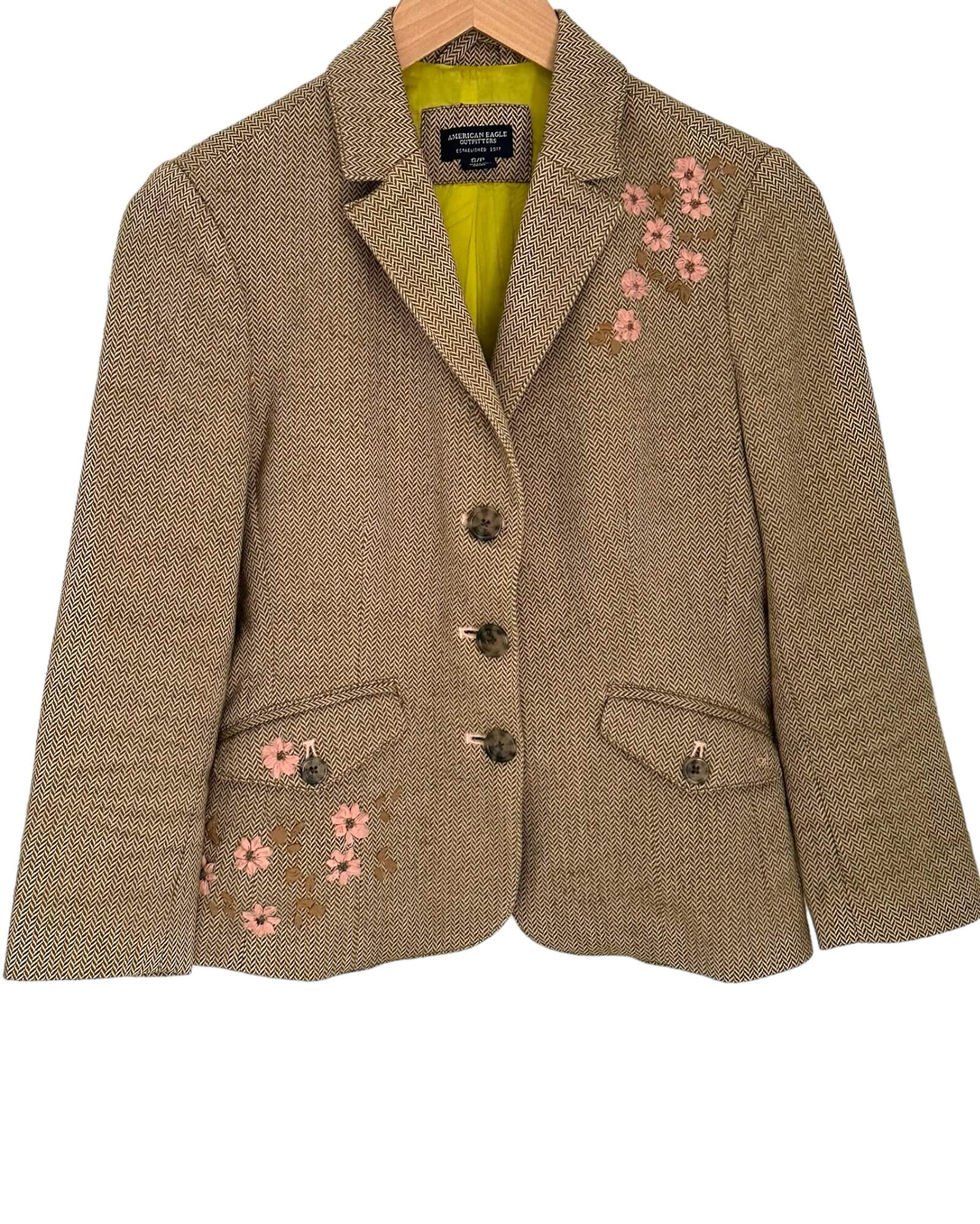 Warm Autumn AMERICAN EAGLE tweed herringbone embroidered blazer jacket