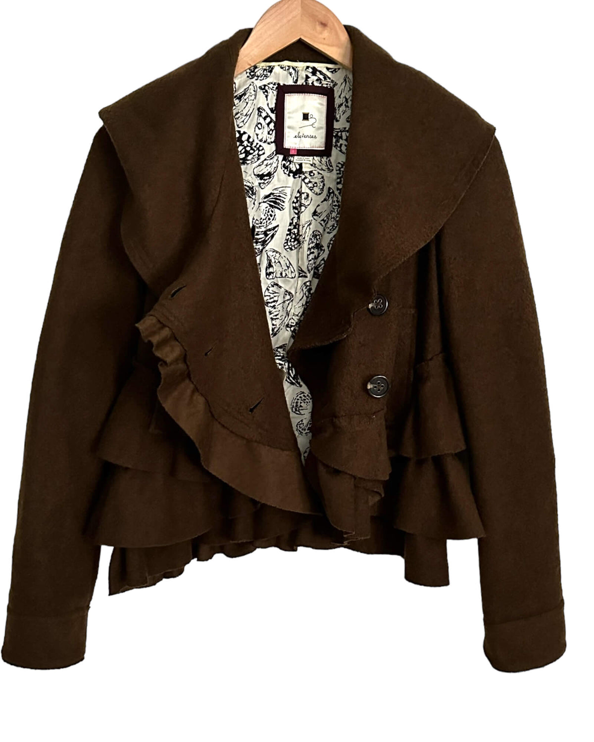 Warm Autumn ELEVENSES ANTHROPOLOGIE brown wool ruffle pea coat