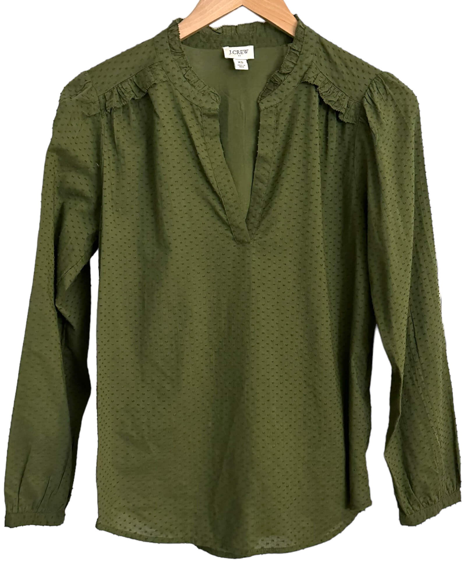 Warm Autumn J.CREW tarragon green ruffle dot shirt