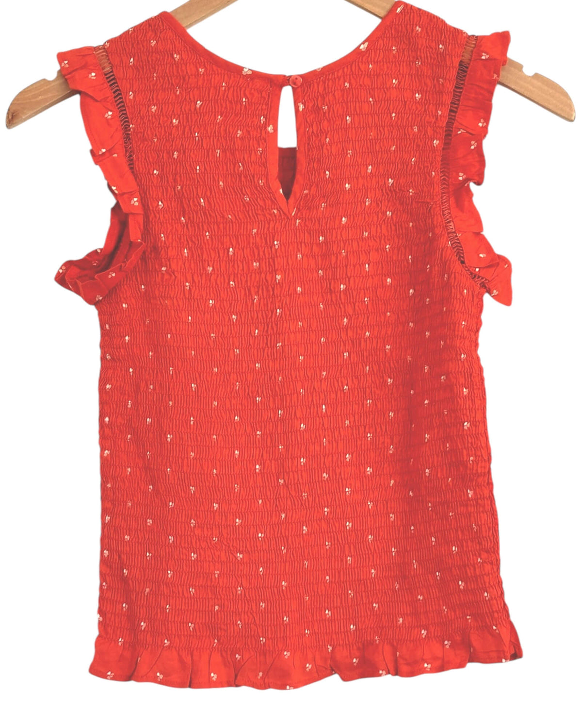 Warm Autumn JAPNA ember glow smocked sleeveless ruffle top