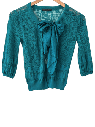 Warm Autumn Kingfisher Silk Bow Diamond Knit Cardigan