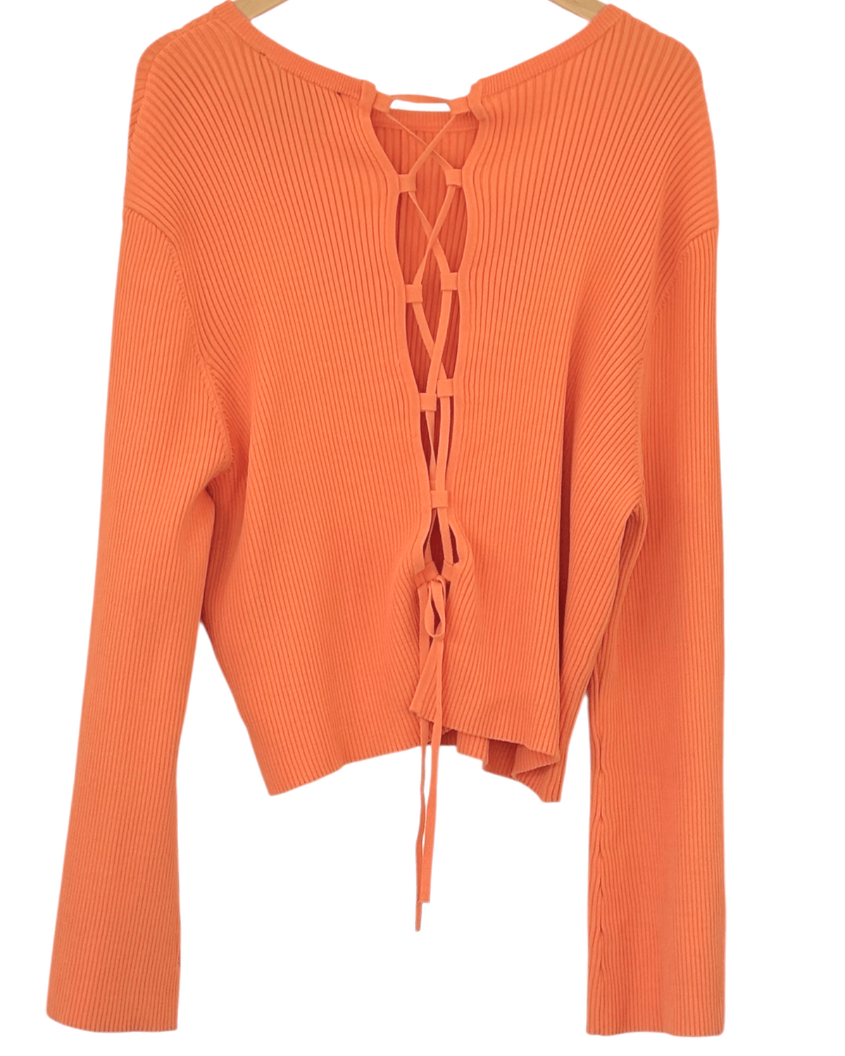 Warm Autumn ROYALTY persimmon lace-up ribbed knit top