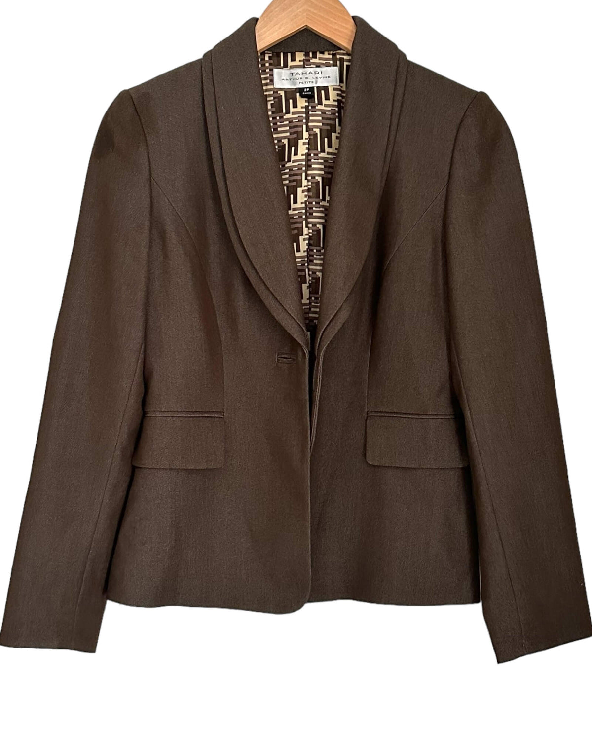 Warm Autumn TAHARI ARTHUR LEVINE mushroom brown stacked  lapel blazer jacket