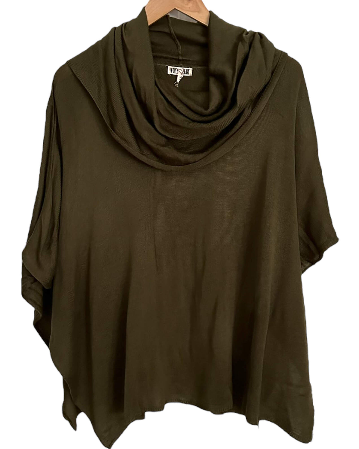 Warm Autumn WOVEN HEART olive green cowl neck poncho 