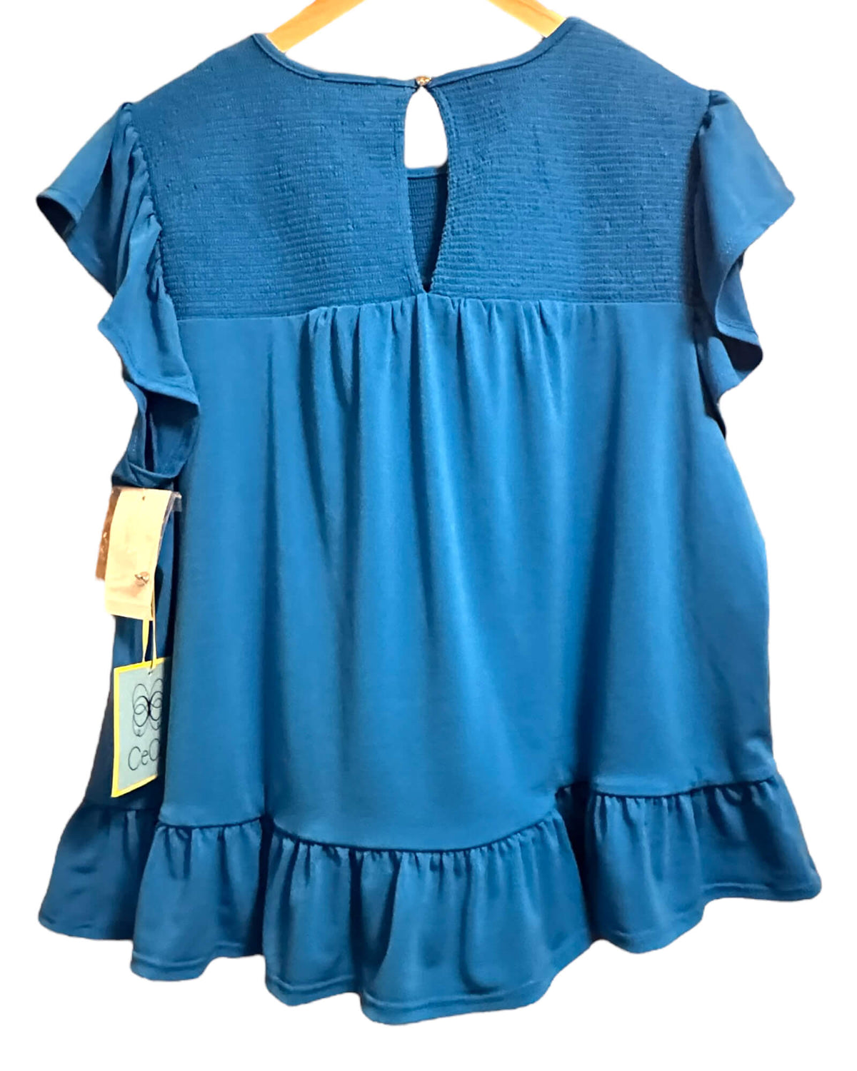 Warm Spring CECE blue smocked ruffle trim top