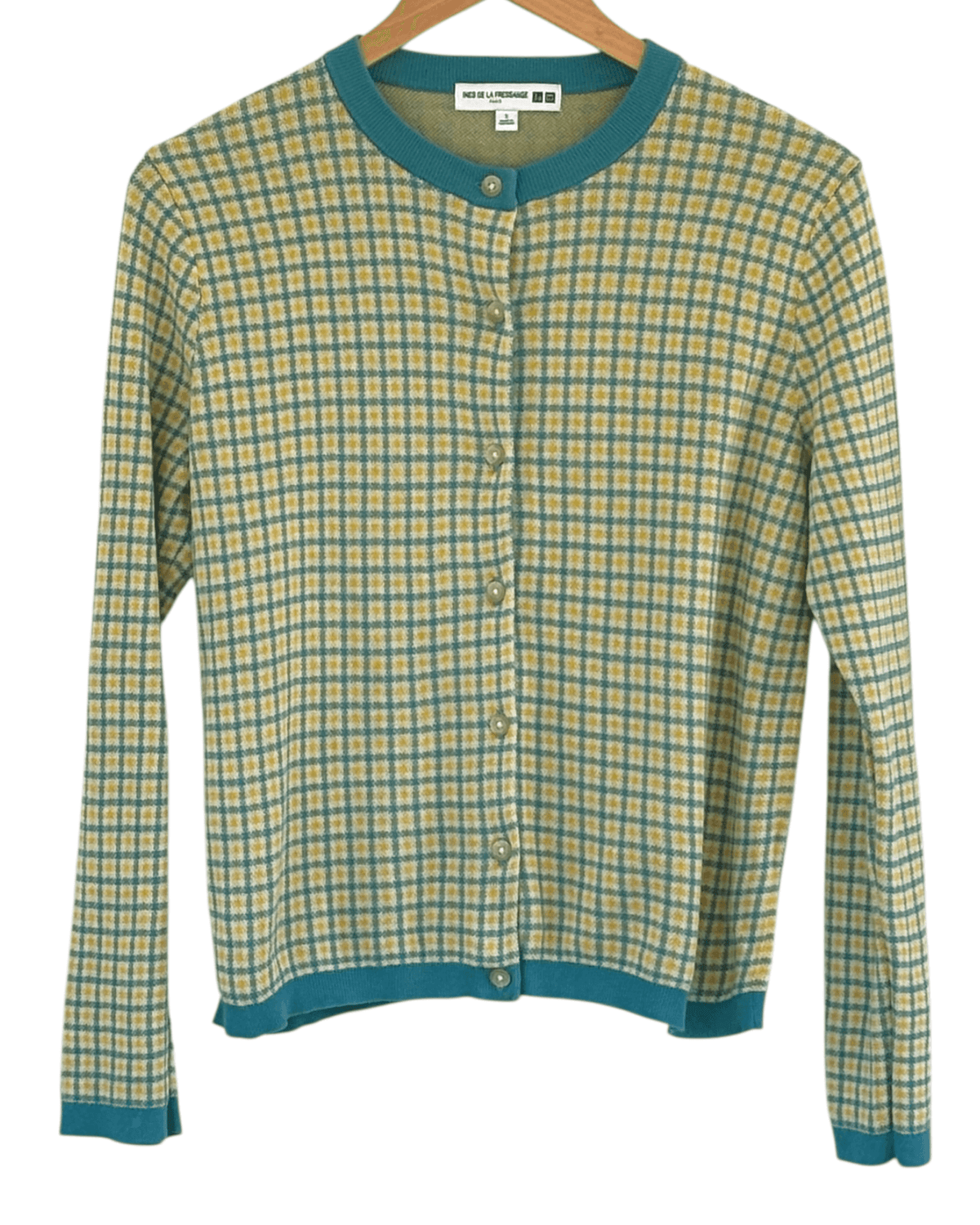 Warm Spring INES DE LA FRESSANGE PARIS teal yellow plaid cardigan sweater