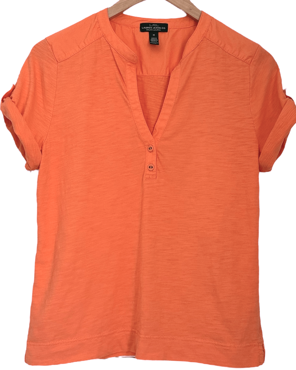 Warm Spring LAUREN JEANS CO tangerine orange split neck roll sleeve tee