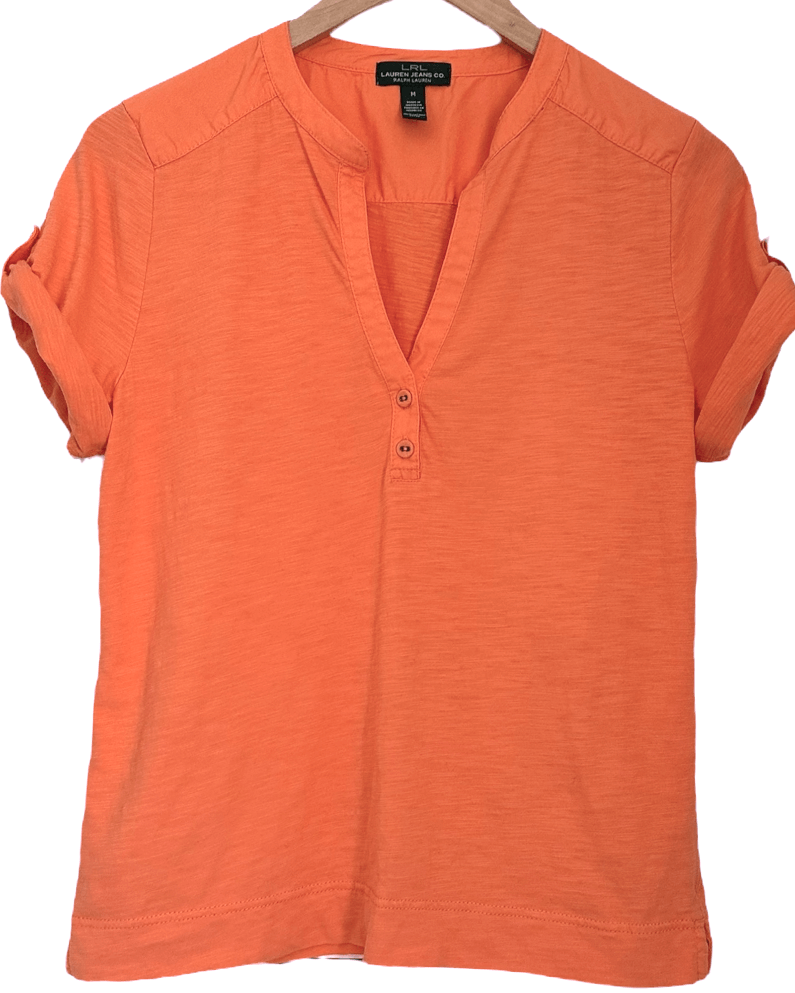 Warm Spring LAUREN JEANS CO tangerine orange split neck roll sleeve tee