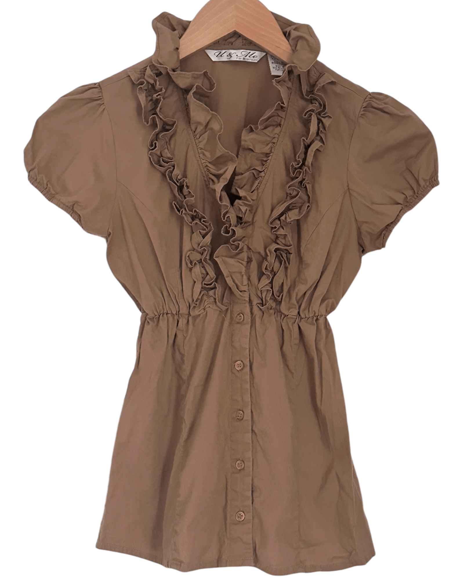 Warm Spring U&ME MILLENNIUM toffee brown ruffle button down short sleeve top