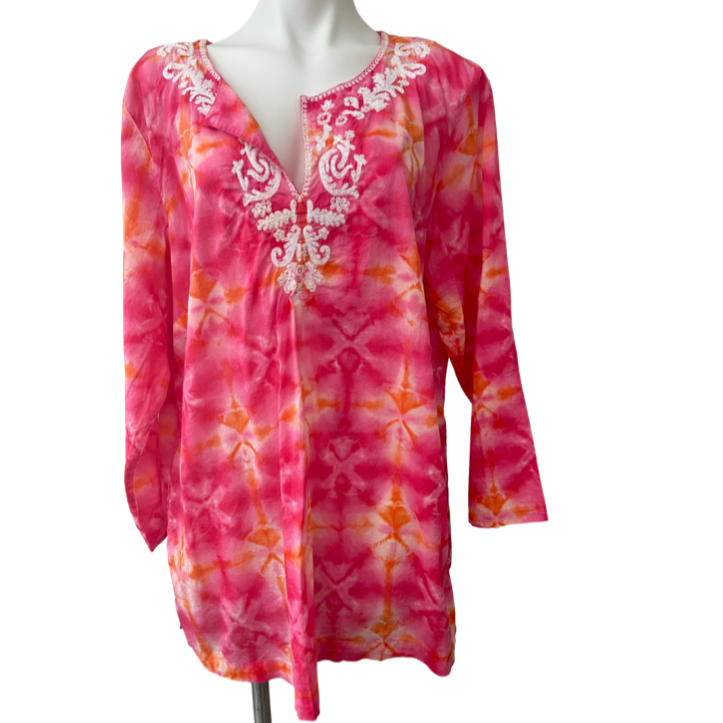 Bright Spring J.Jill orange and pink tie-dye beaded tunic 