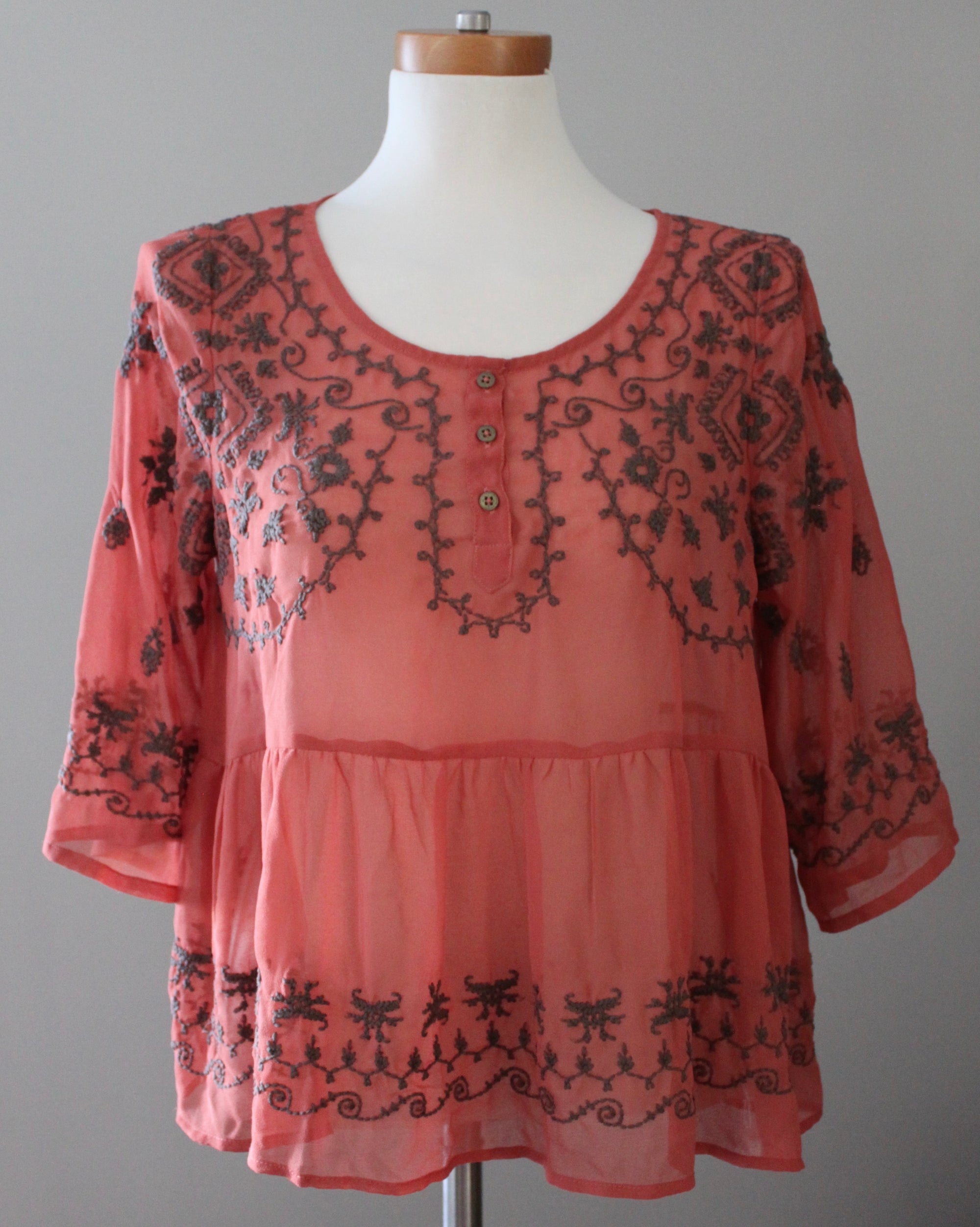 FREE PEOPLE  Soft Autumn semi-sheer, embroidered boho Coral blouse