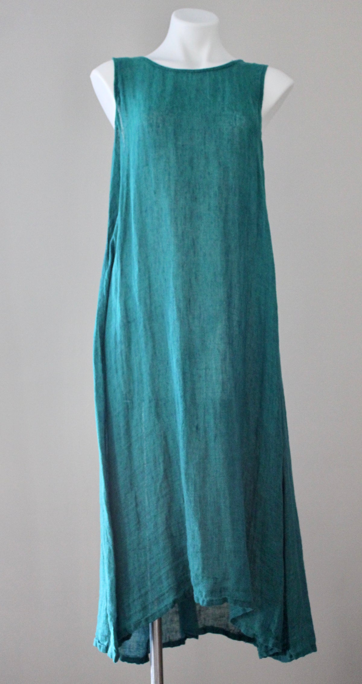 Warm Autumn FLAX teal green linen button-back dress