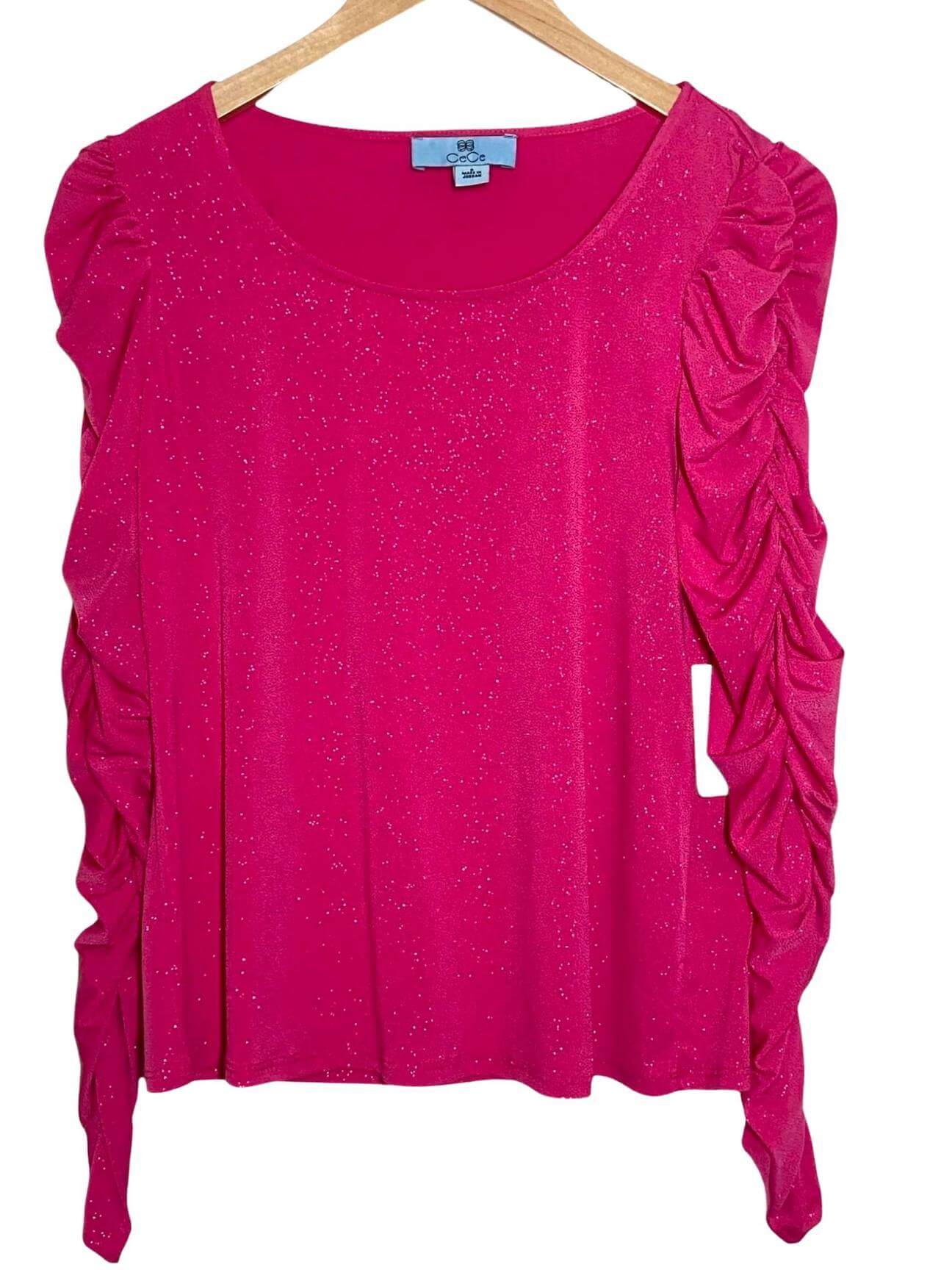 Bright Spring CECE pink shimmer ruched sleeve top