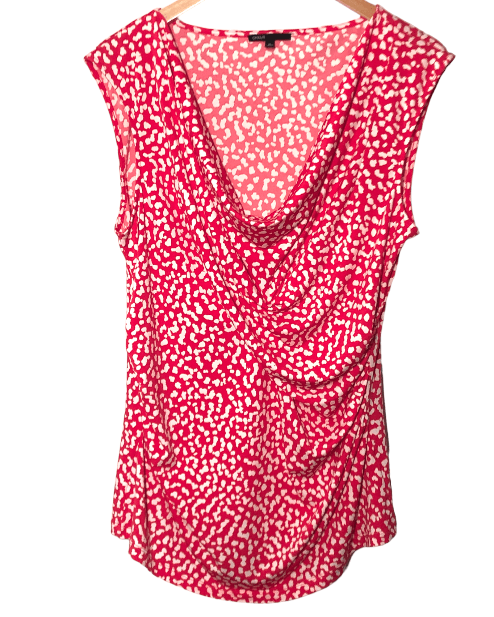 Bright Spring CHAUS coral dot sleeveless cowl drape top blouse