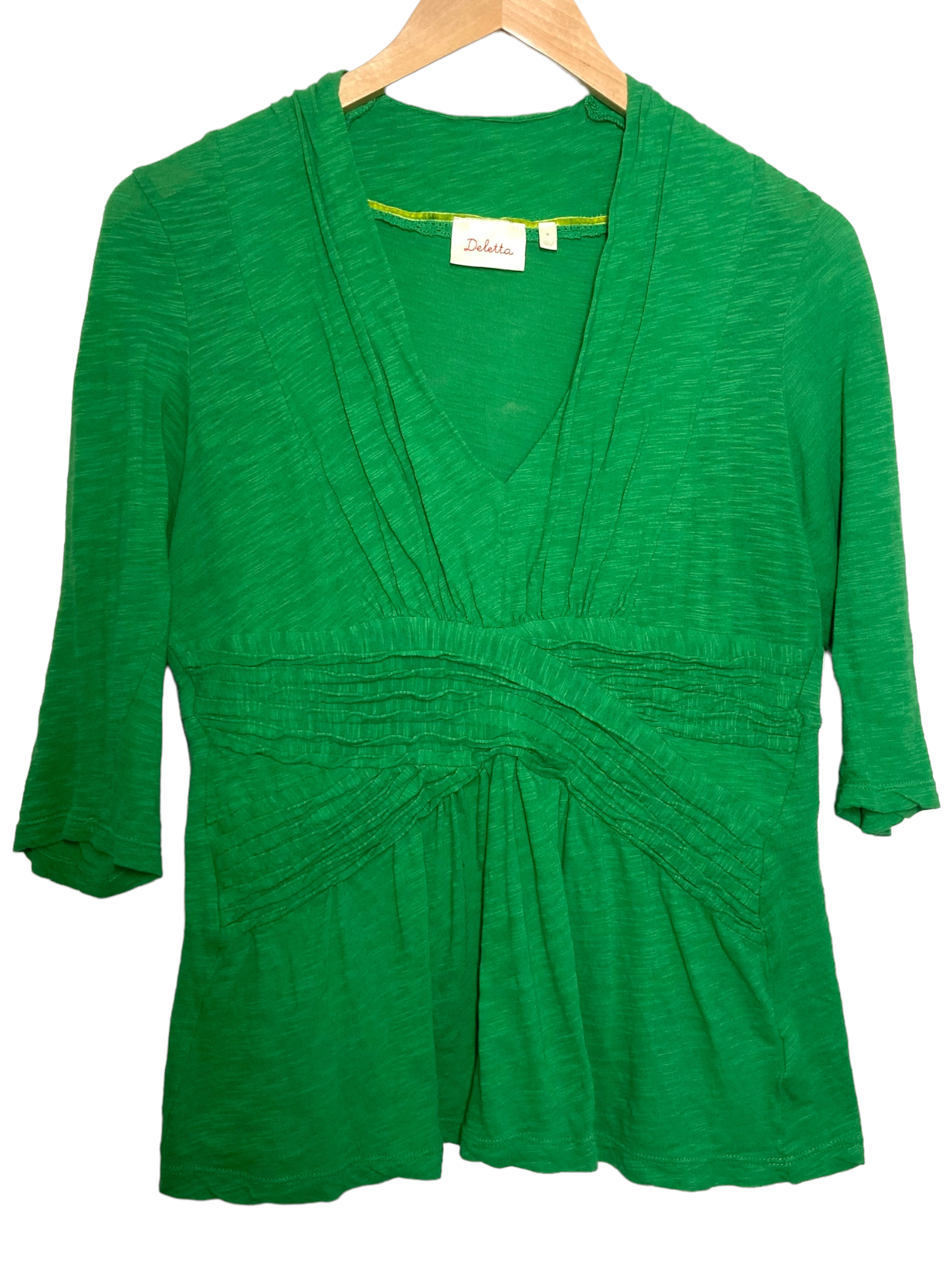 Bright Spring DELETTA ANTHROPOLOGIE parakeet green top