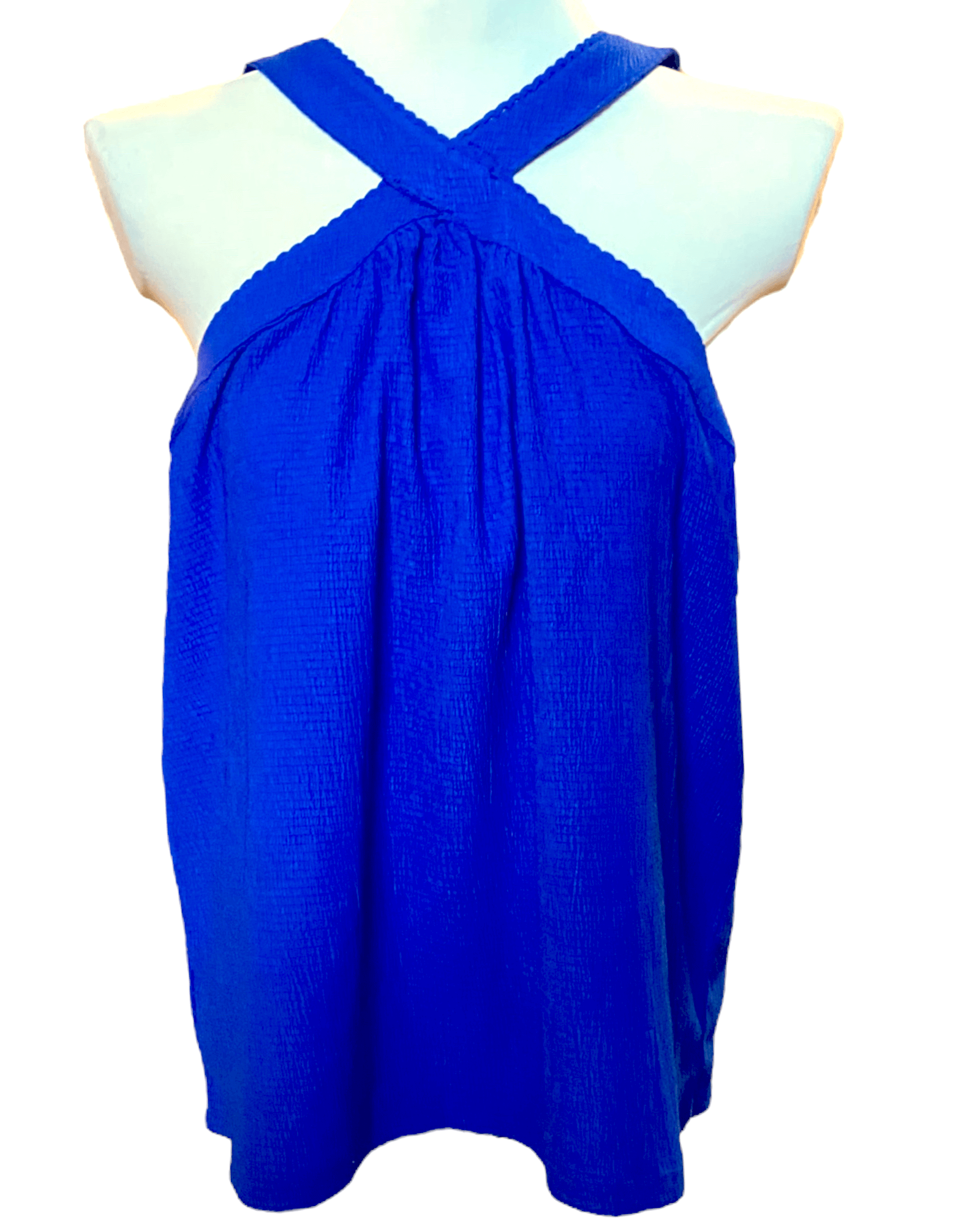 Bright Winter CABLE & GAUGE cobalt blue halter cross front blouse top