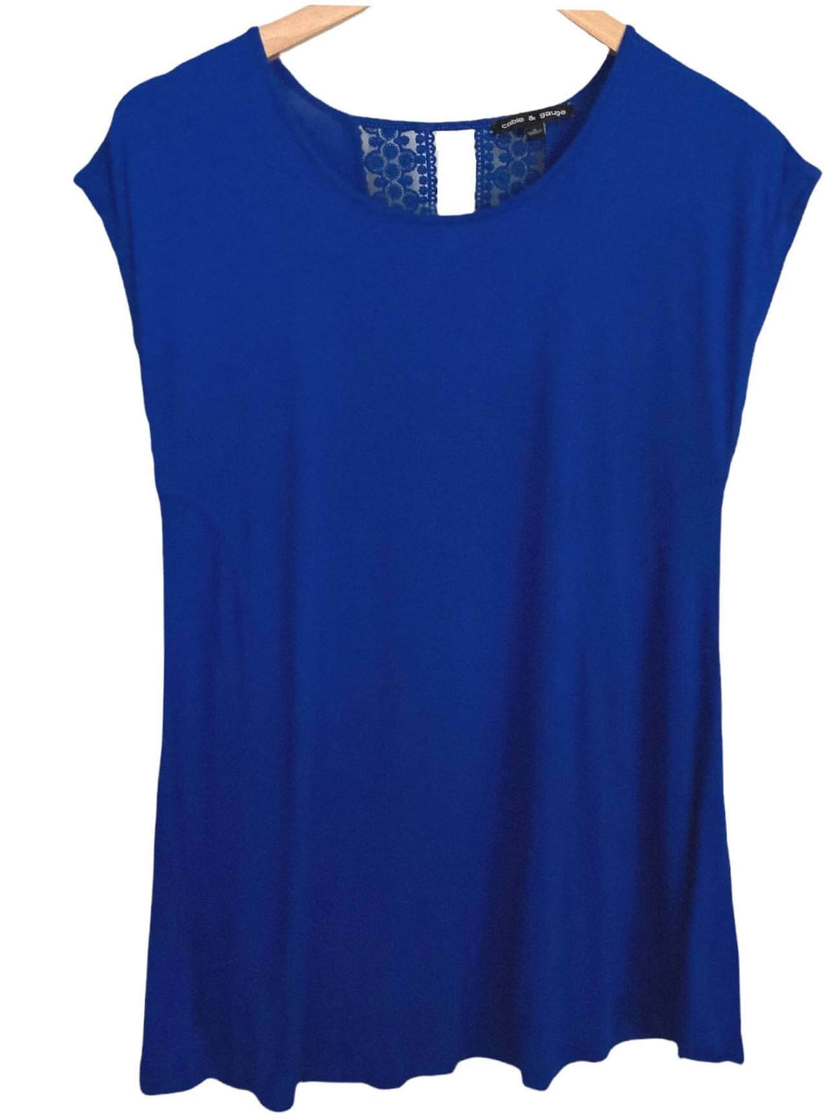 Bright Winter CABLE and GAUGE lace back blue top