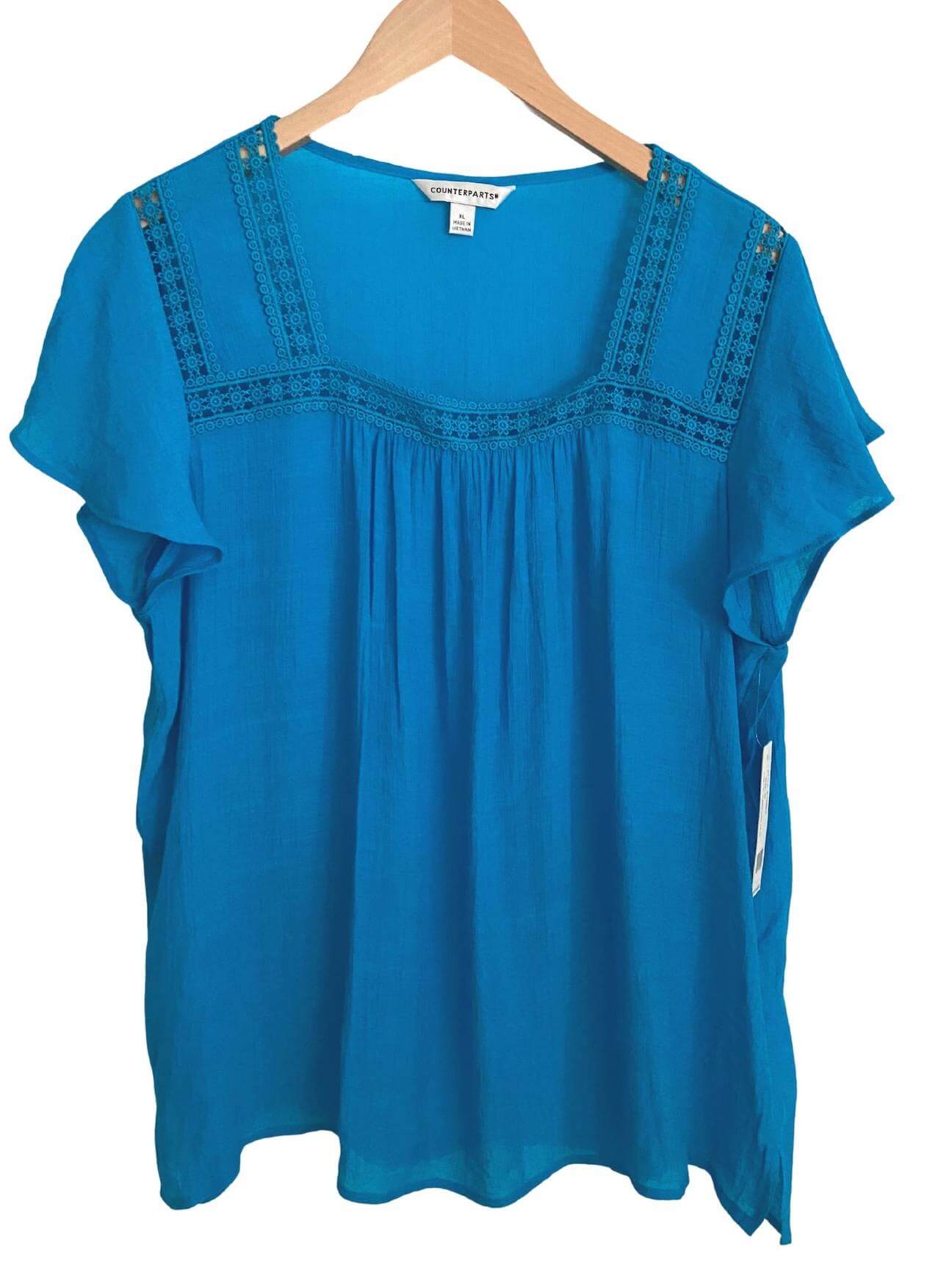 Bright Winter COUNTERPARTS teal crochet lace trim blouse
