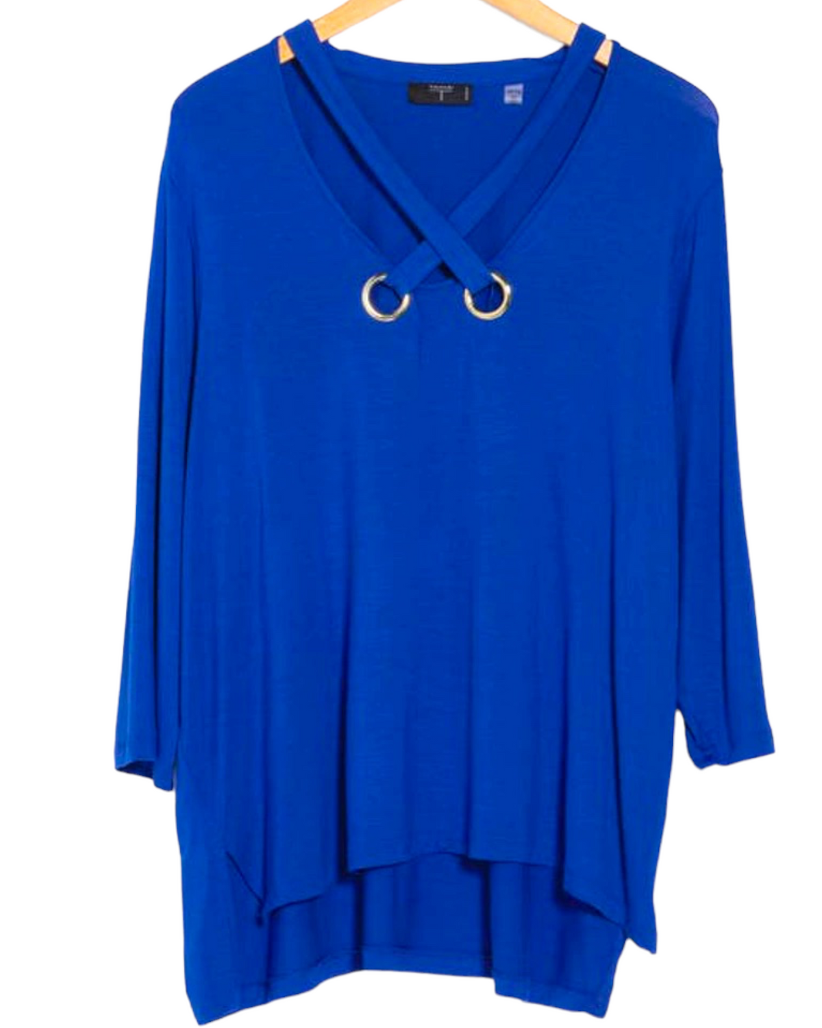 Bright Winter TAHARI WOMAN royal blue cross front grommet blouse