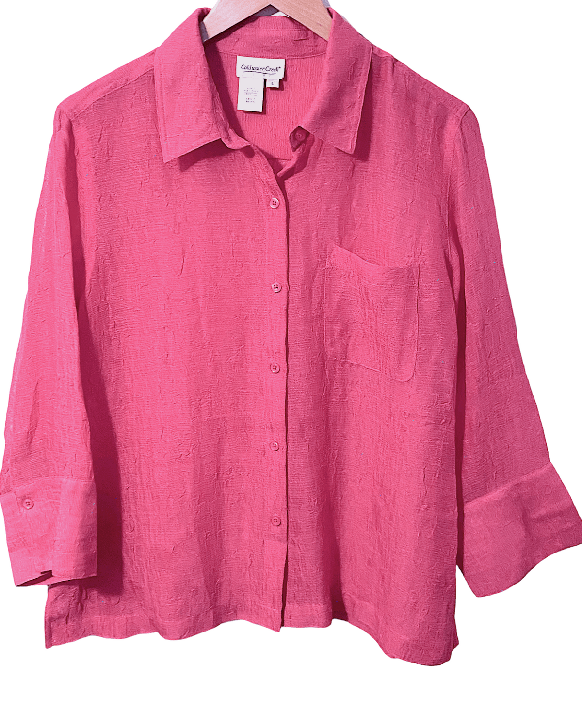 Cool Summer COLDWATER CREEK hibiscus pink button-down crinkle shirt 