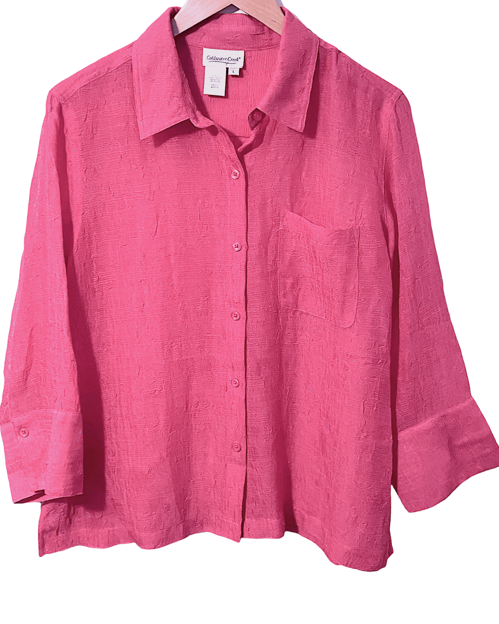 Cool Summer COLDWATER CREEK hibiscus pink button-down crinkle shirt 