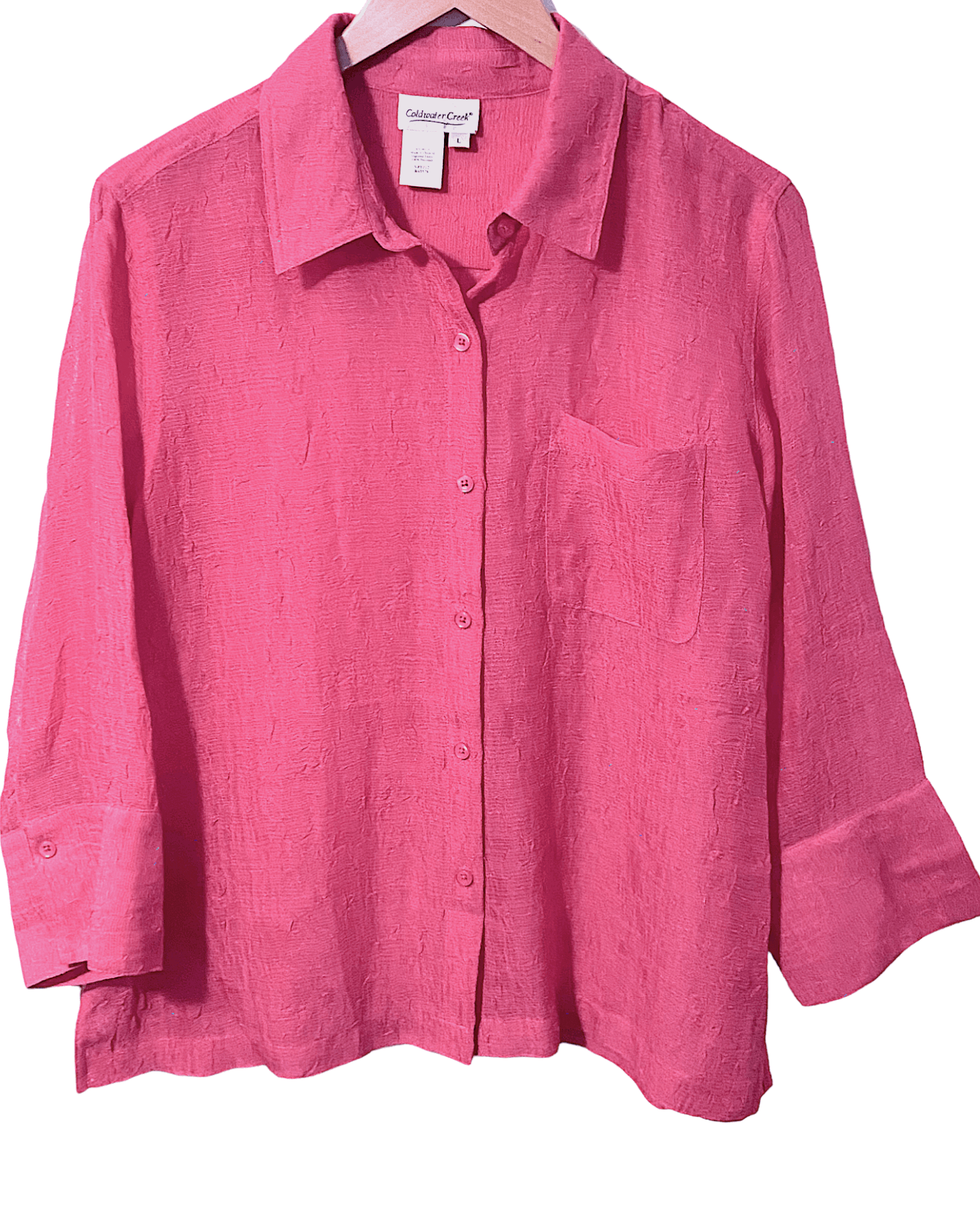Cool Summer Coldwater Creek hibiscus pink button-down crinkle shirt 