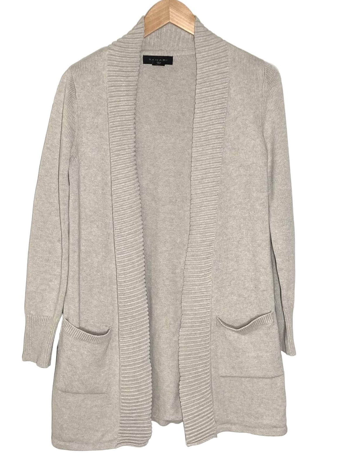 Cool Summer TAHARI oyster beige open cardigan sweater jacket 