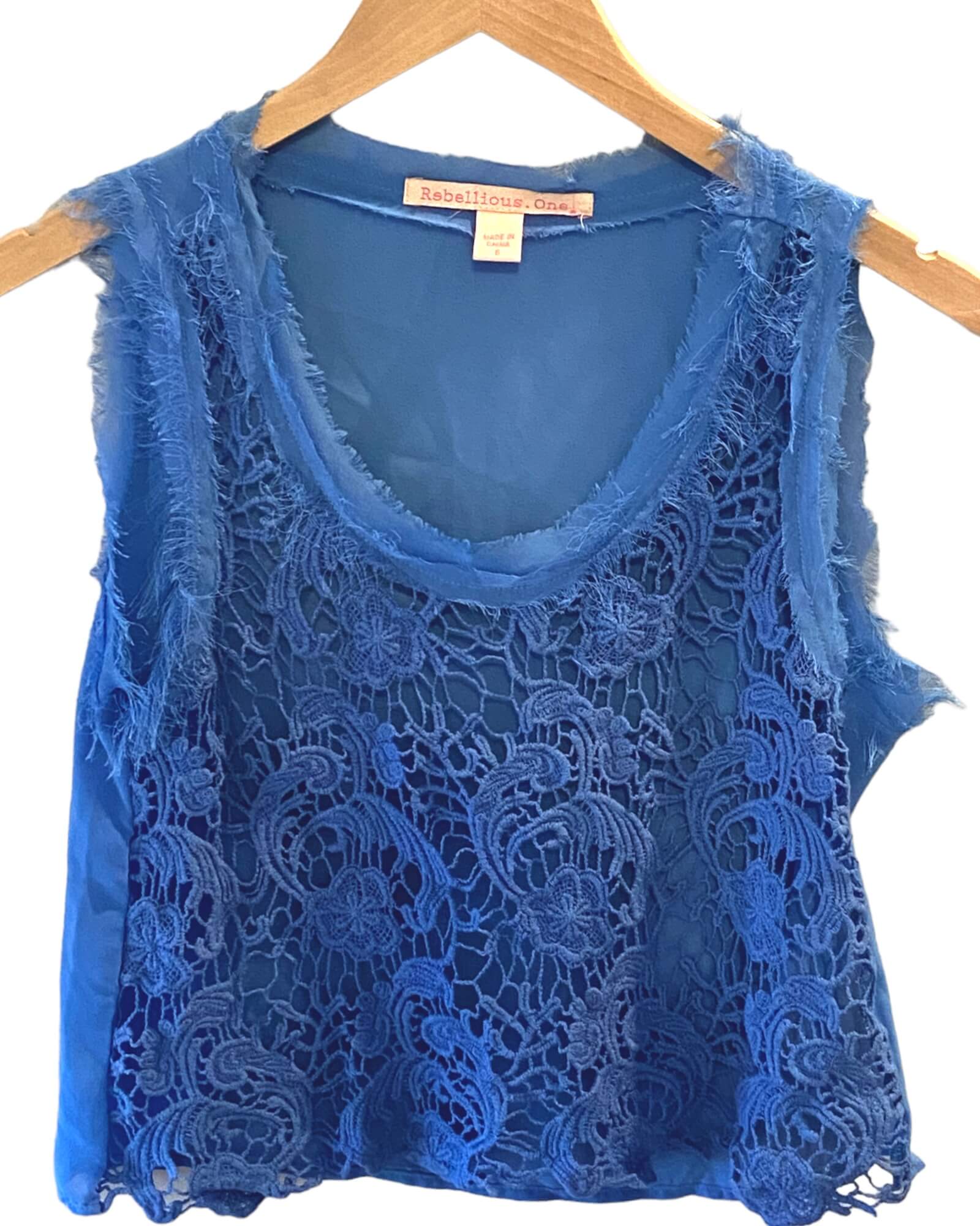 Cool Winter REBELLIOUS ONE blue crochet lace sleeveless crop top