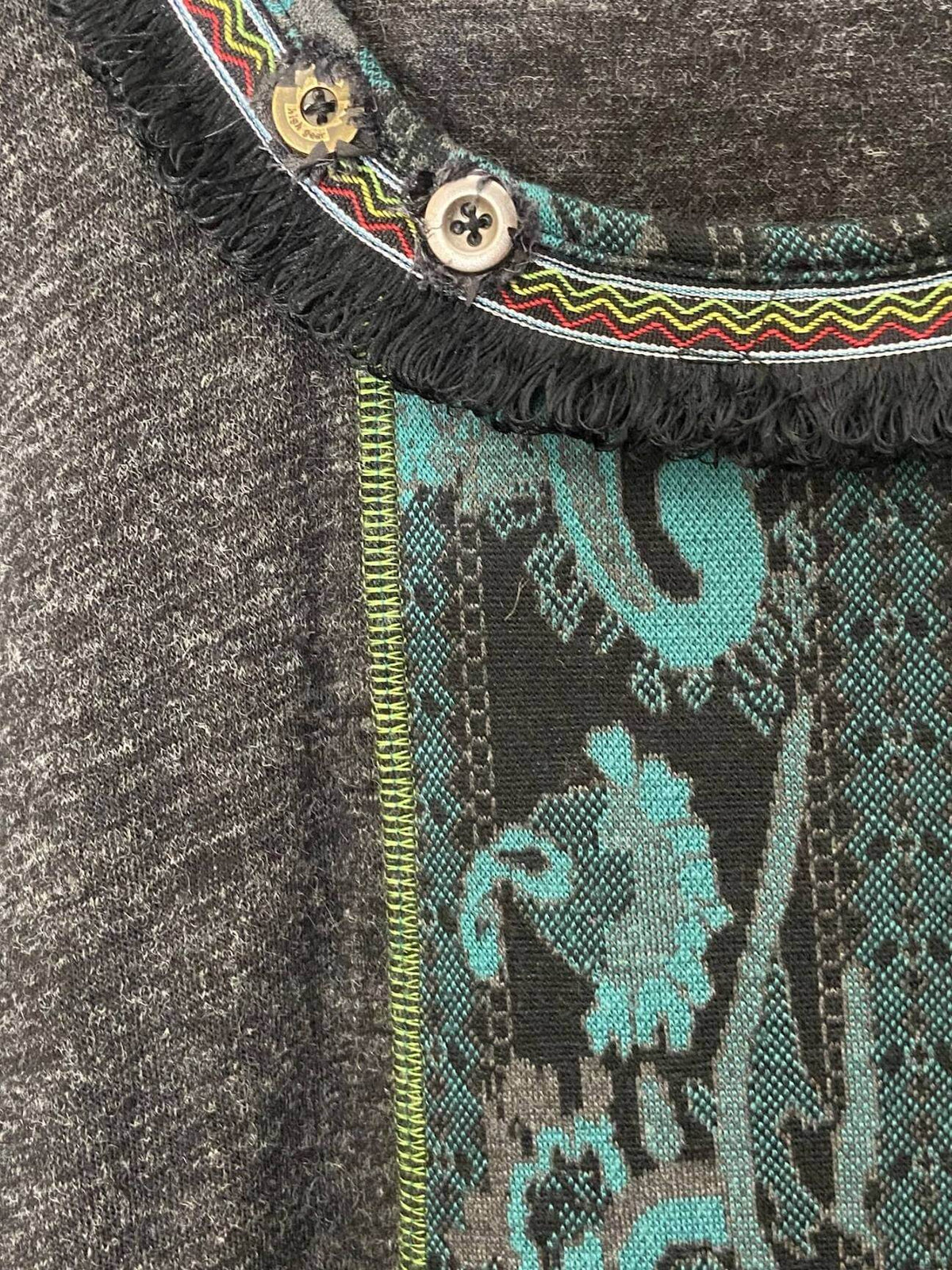 Dark Autumn ADORE paisley print gray teal knit dress buttons fringe