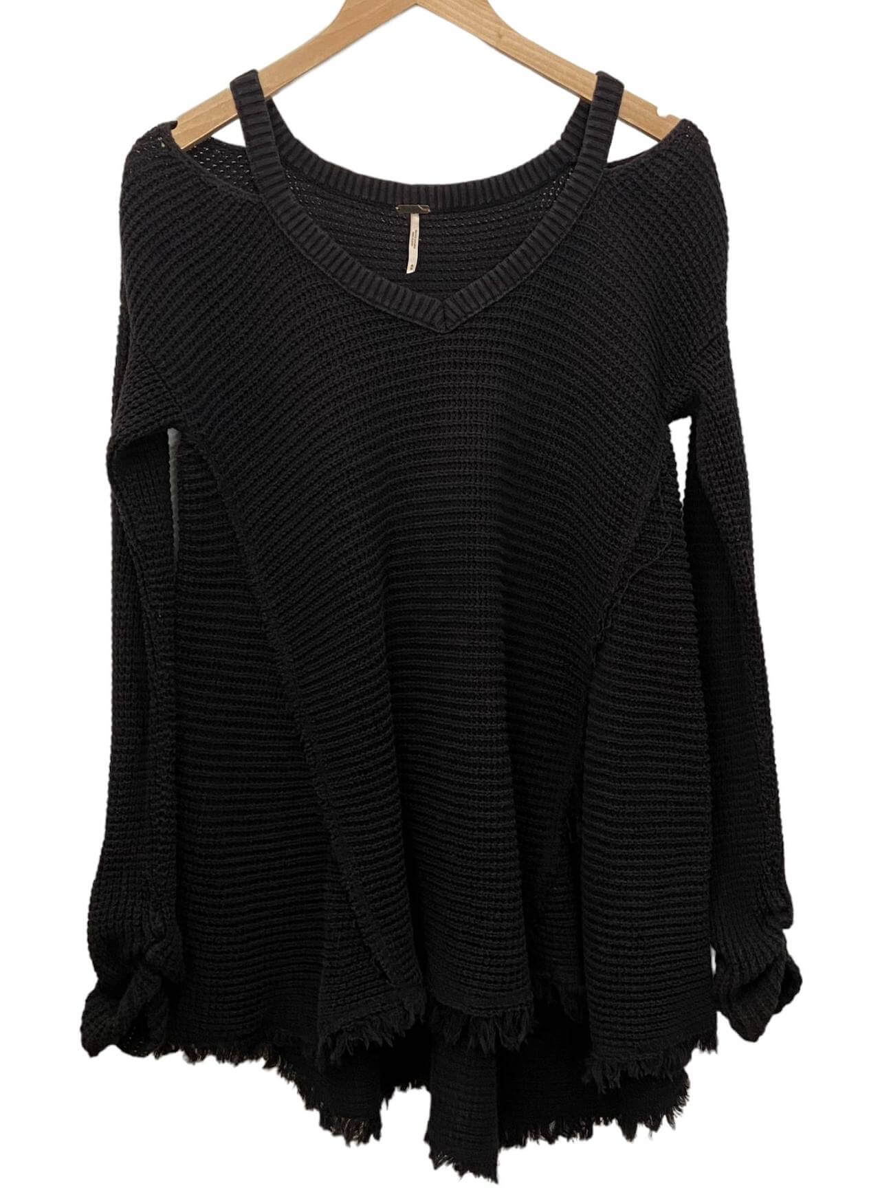 Dark Autumn FREE PEOPLE charcoal gray cold shoulder waffle knit sweater