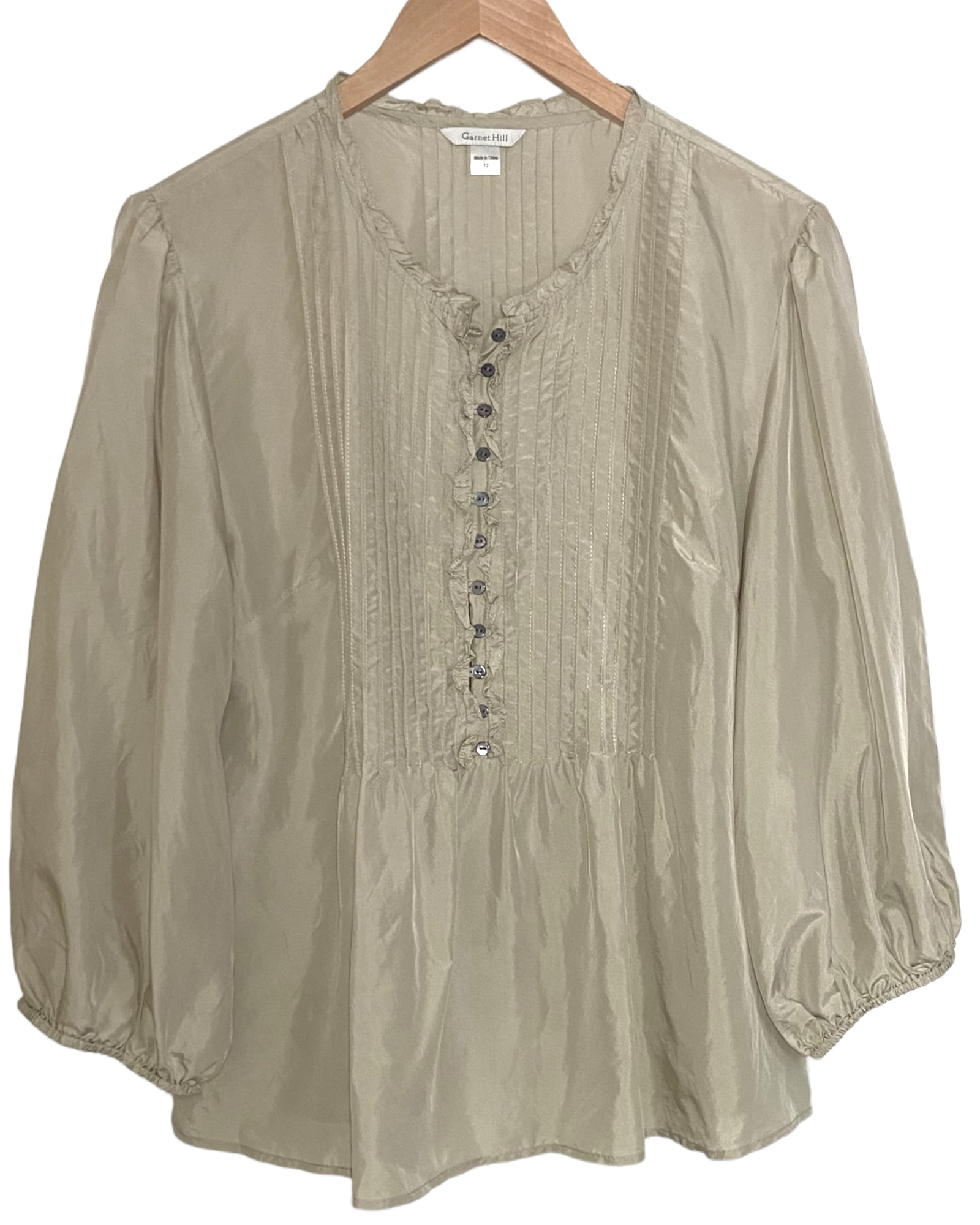 Dark Autumn GARNETT HILL silk ruffle pleated button blouse top