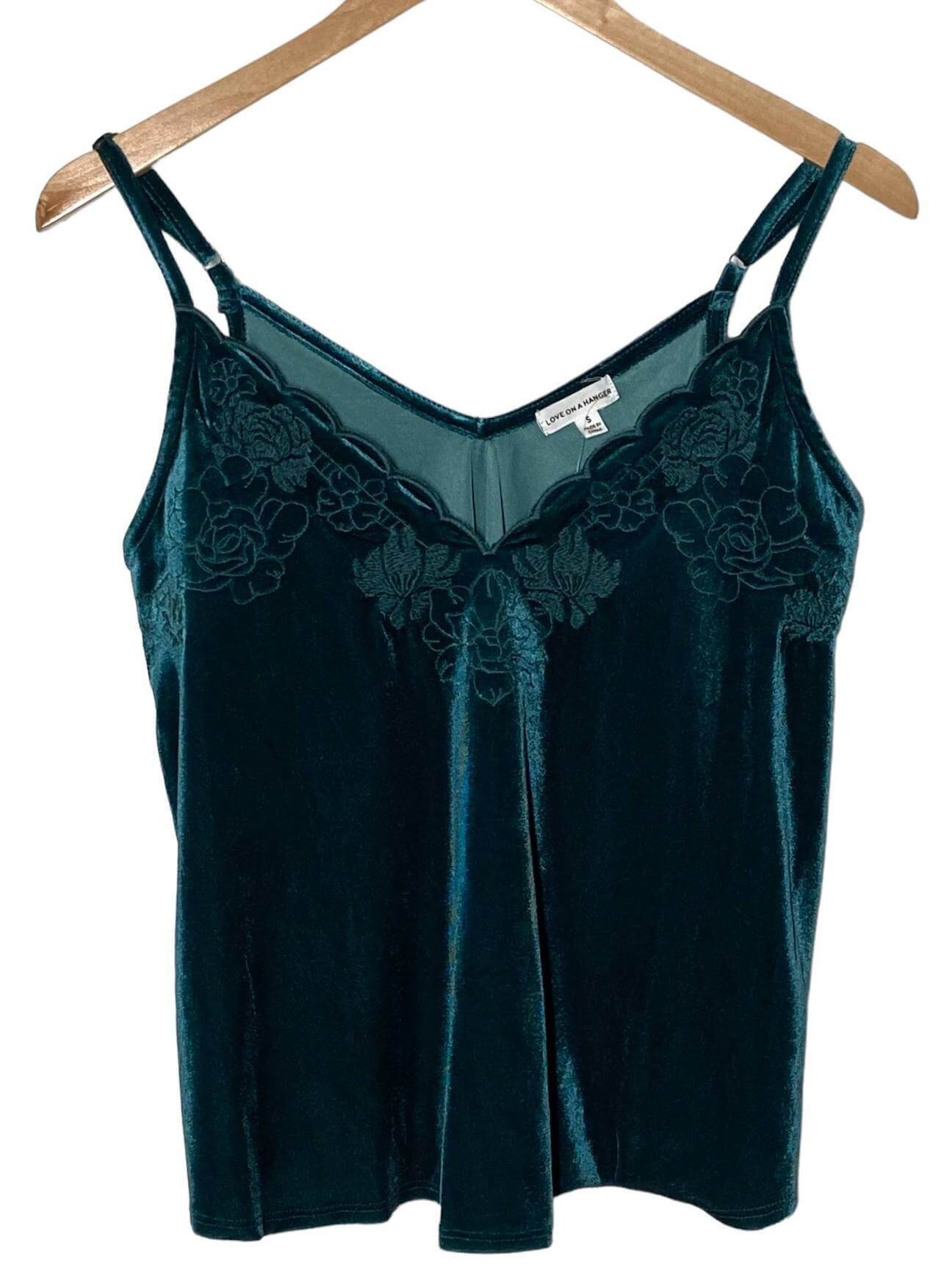Dark Autumn LOVE ON A HANGER teal embroidered velvet camisole