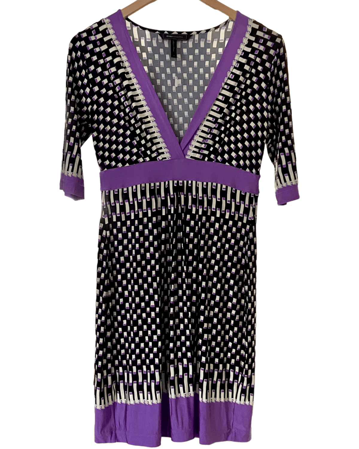 Dark Winter BCBG MAXAZRIA purple black geometric print dress