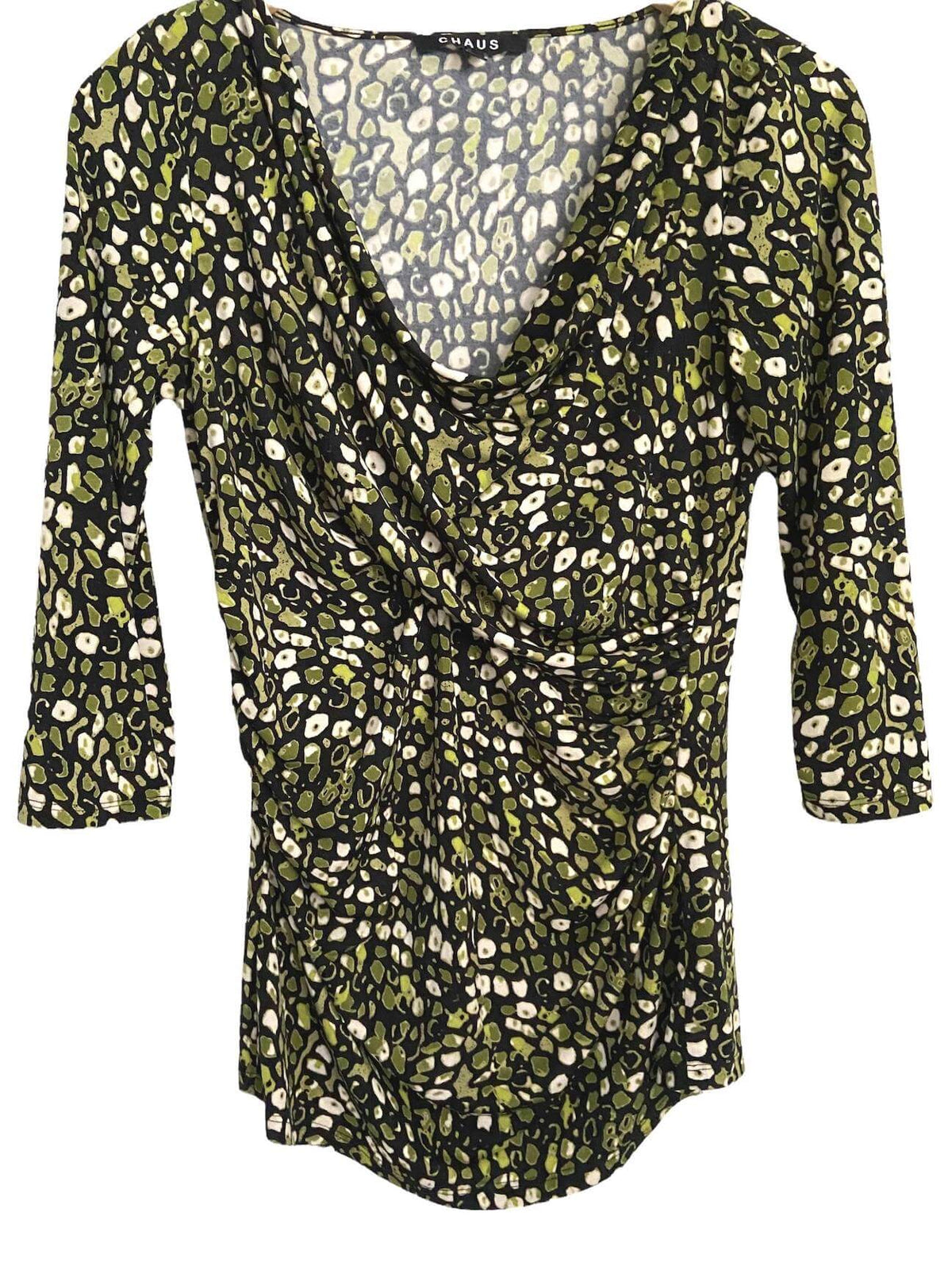 Dark Winter CHAUS green print twist front blouse
