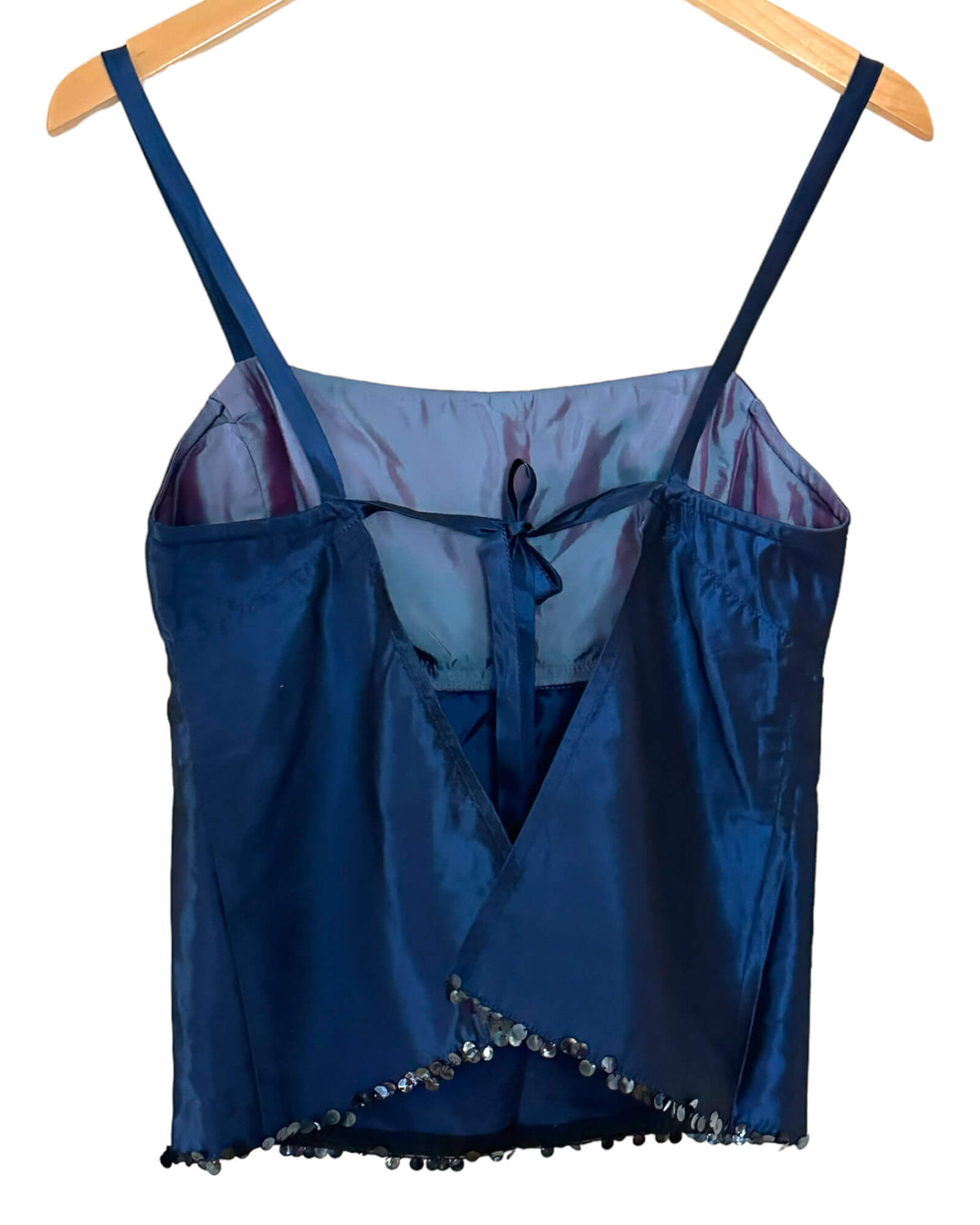 Dark Winter NANETTE LEPORE midnight blue silk sequin tie back top