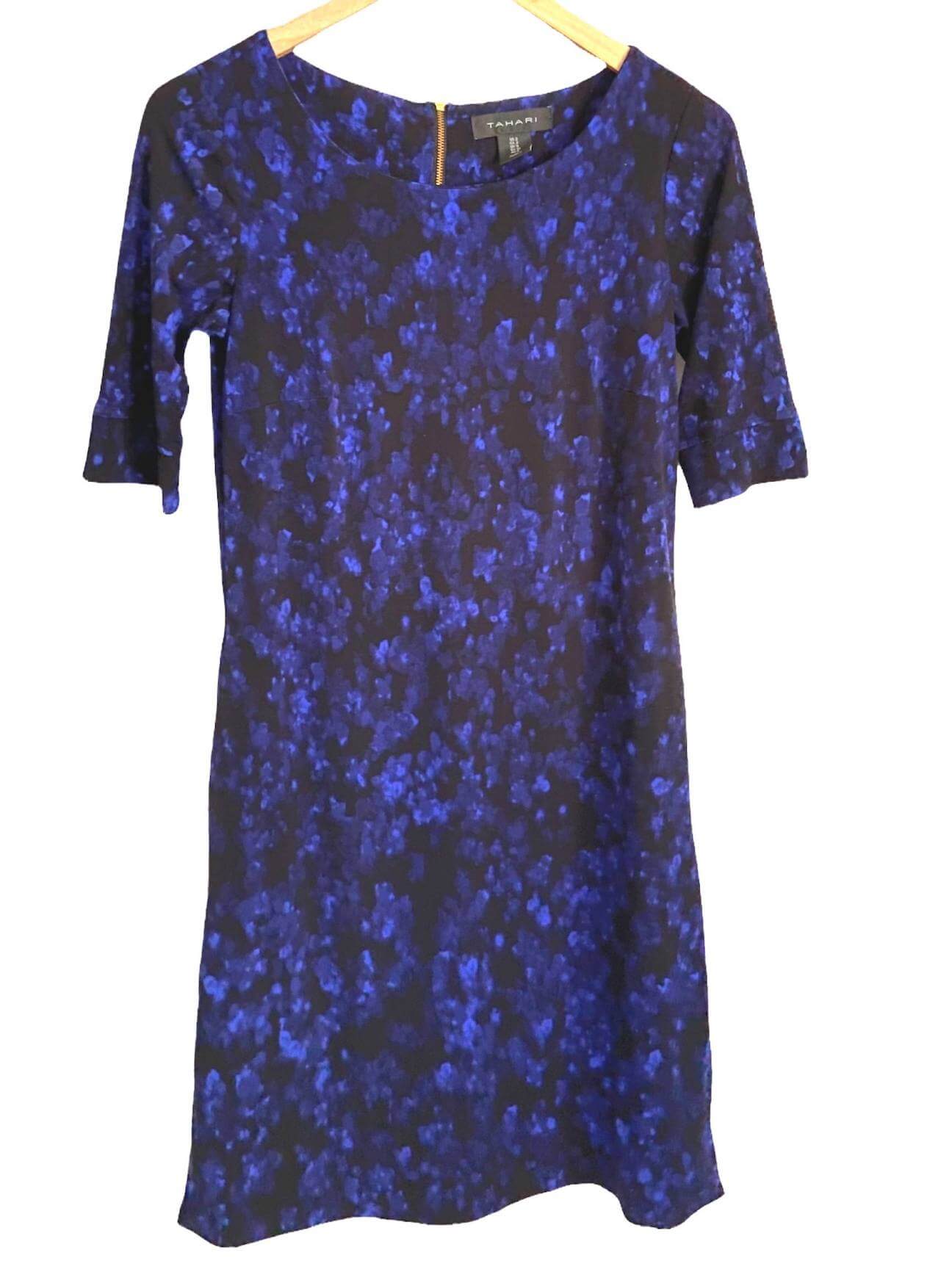 Dark Winter TAHARI blue black print dress
