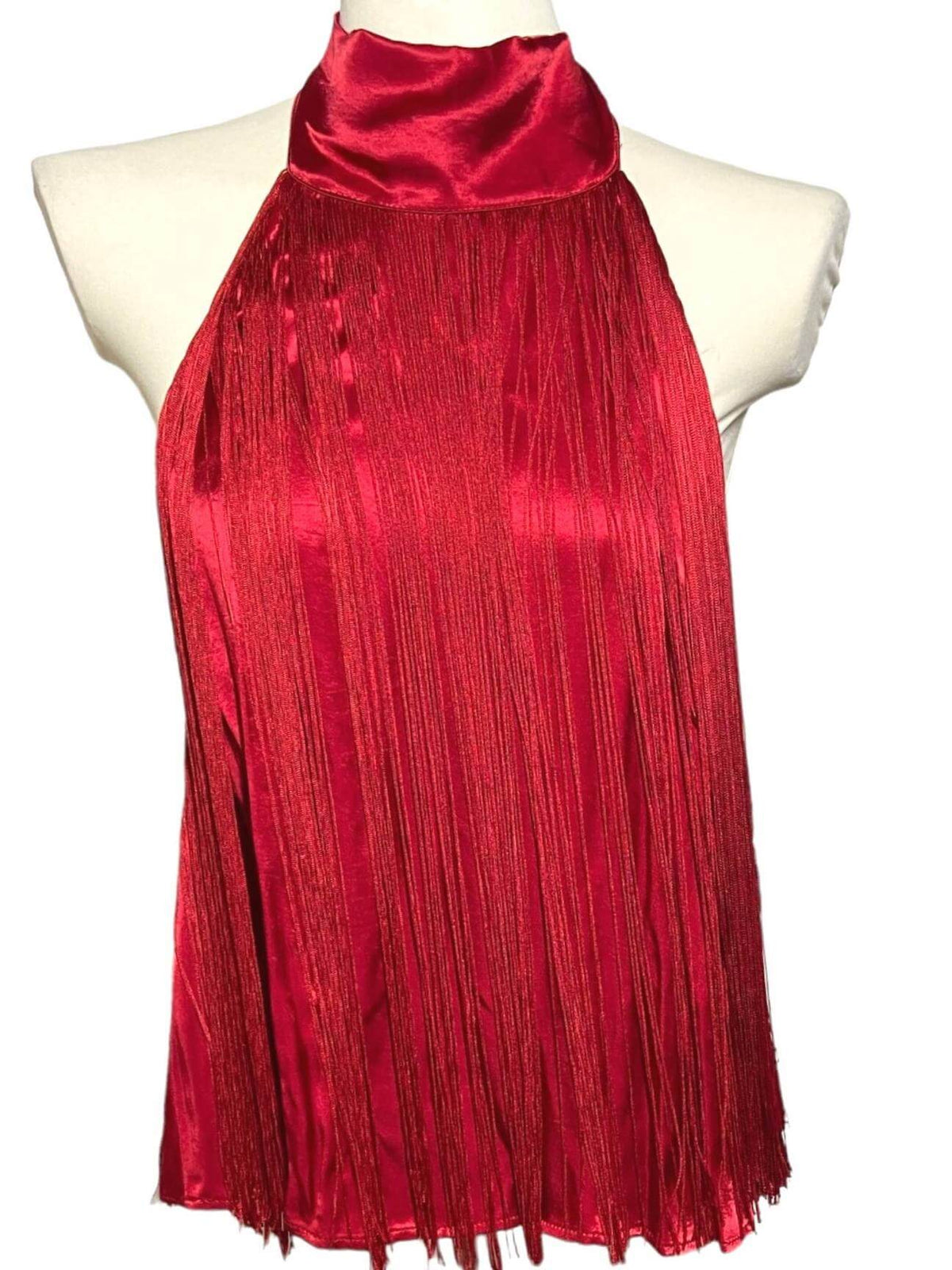 Dark Winter ZARA BASIC fiery red fringe halter backless bow top