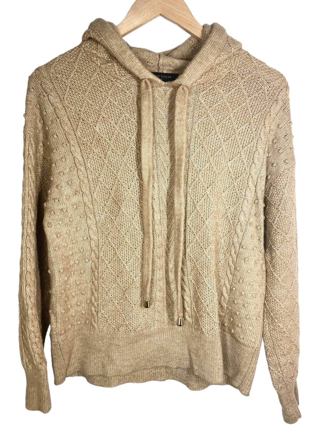 Light Spring ANN TAYLOR tan cable knit hooded sweater