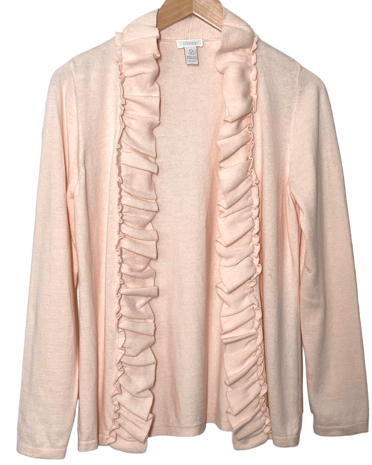 Light Spring CHICO&#39;S peach cashmere ruffle cardigan sweater