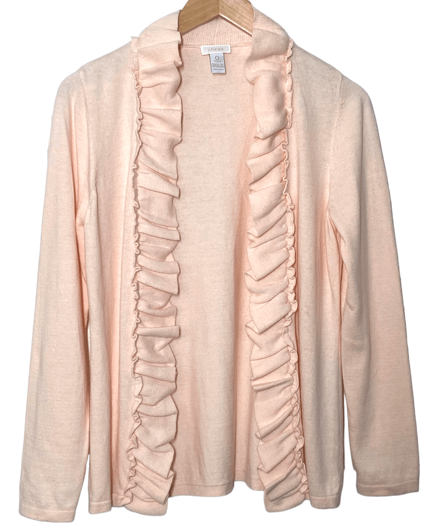 Light Spring CHICO'S peach cashmere ruffle cardigan sweater