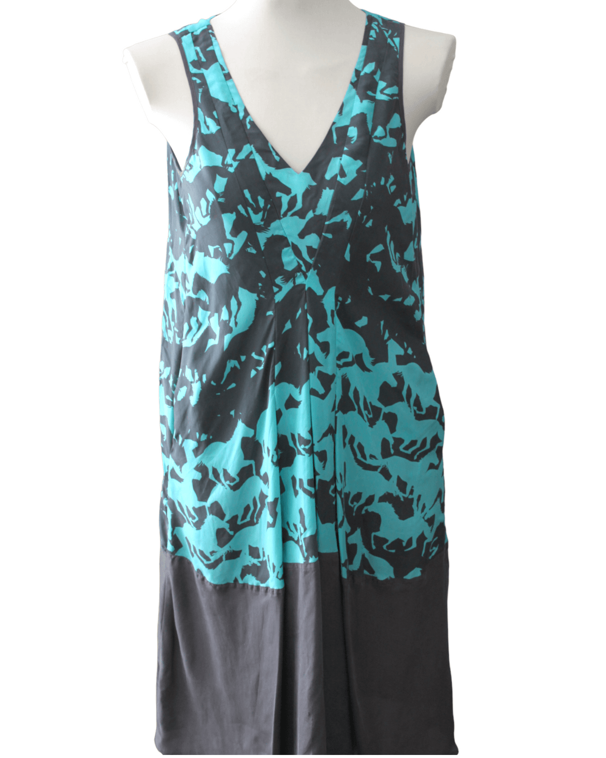 Light Spring SUNDANCE free spirits silk horse print sleeveless gray and teal dress