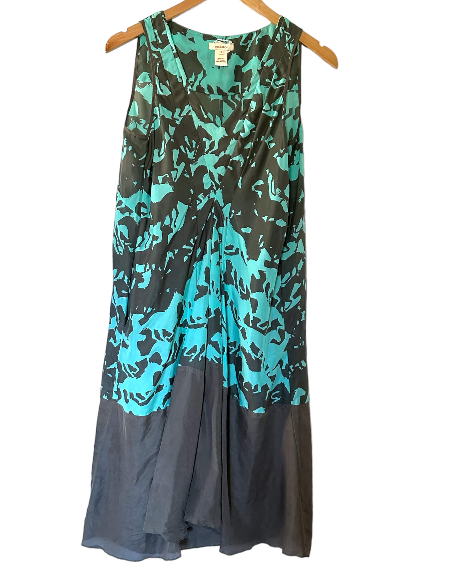 Light Spring SUNDANCE horse print teal gray silk dress