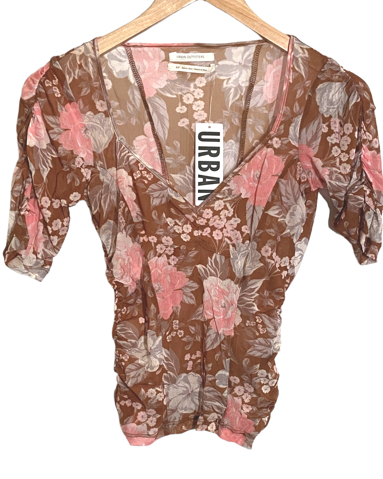 Light Spring URBAN OUTFITTERS brown pink floral ruched top
