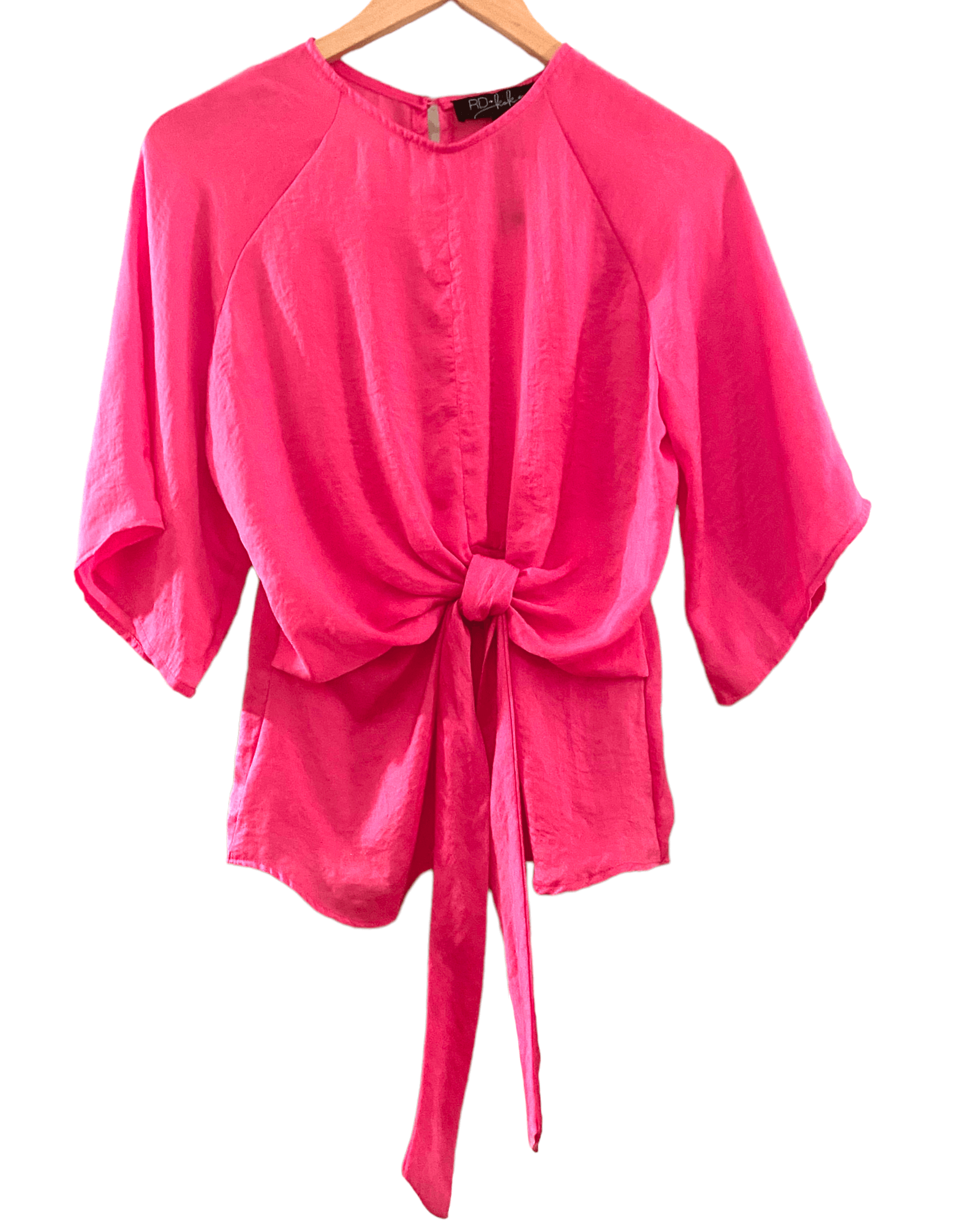 Light Summer RD and KOKO taffy pink satin tie front blouse top